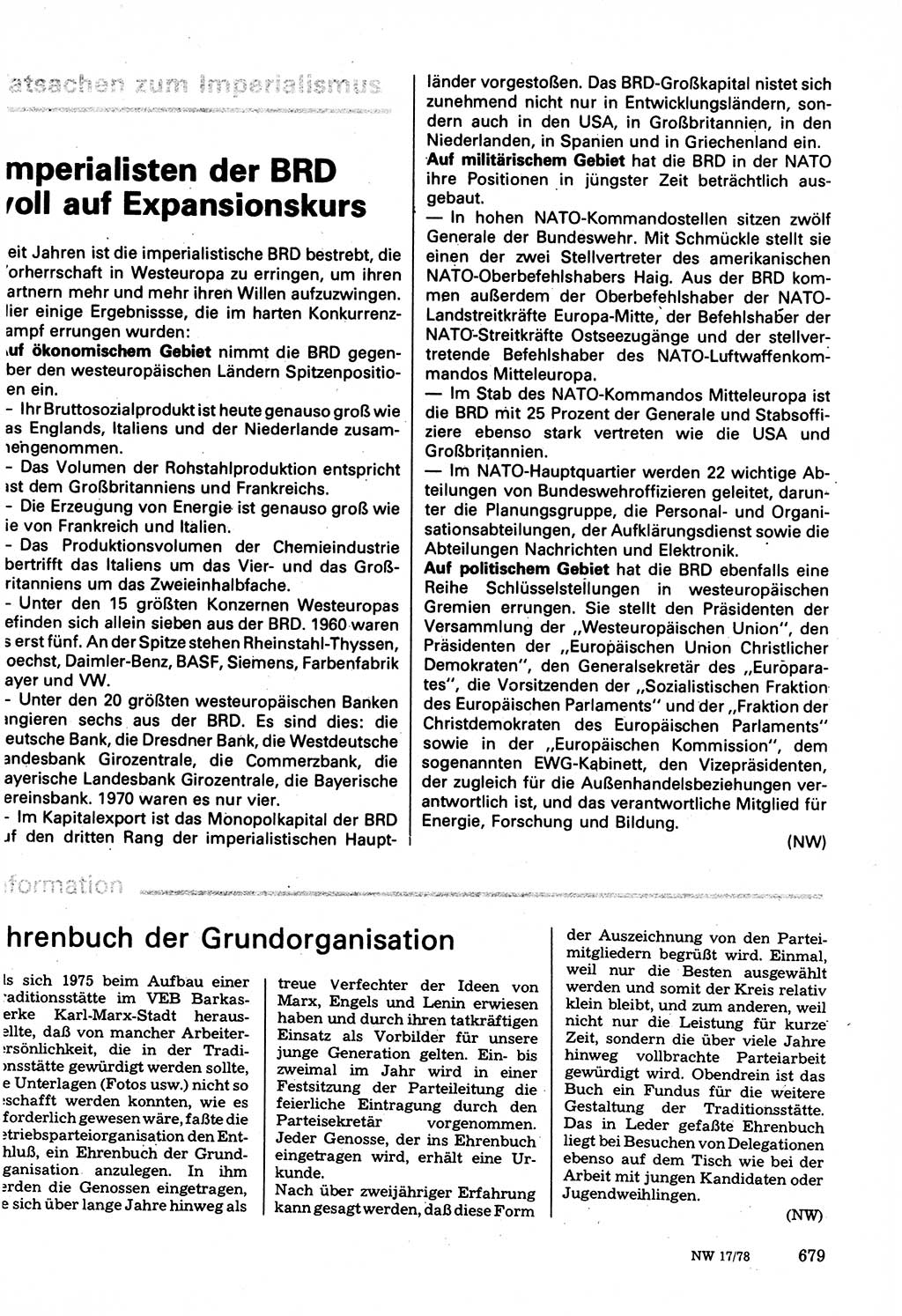 Neuer Weg (NW), Organ des Zentralkomitees (ZK) der SED (Sozialistische Einheitspartei Deutschlands) für Fragen des Parteilebens, 33. Jahrgang [Deutsche Demokratische Republik (DDR)] 1978, Seite 679 (NW ZK SED DDR 1978, S. 679)