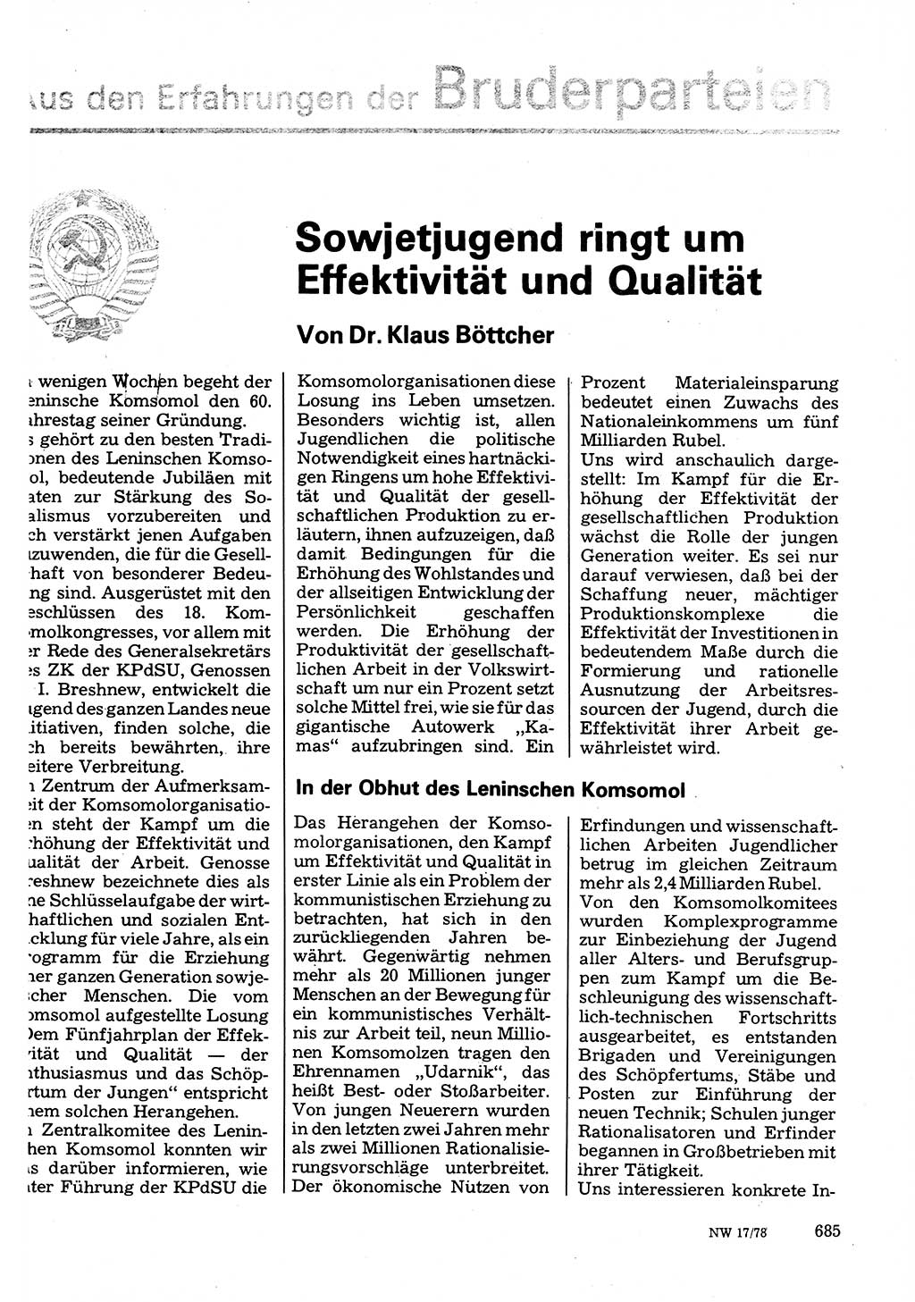 Neuer Weg (NW), Organ des Zentralkomitees (ZK) der SED (Sozialistische Einheitspartei Deutschlands) für Fragen des Parteilebens, 33. Jahrgang [Deutsche Demokratische Republik (DDR)] 1978, Seite 685 (NW ZK SED DDR 1978, S. 685)
