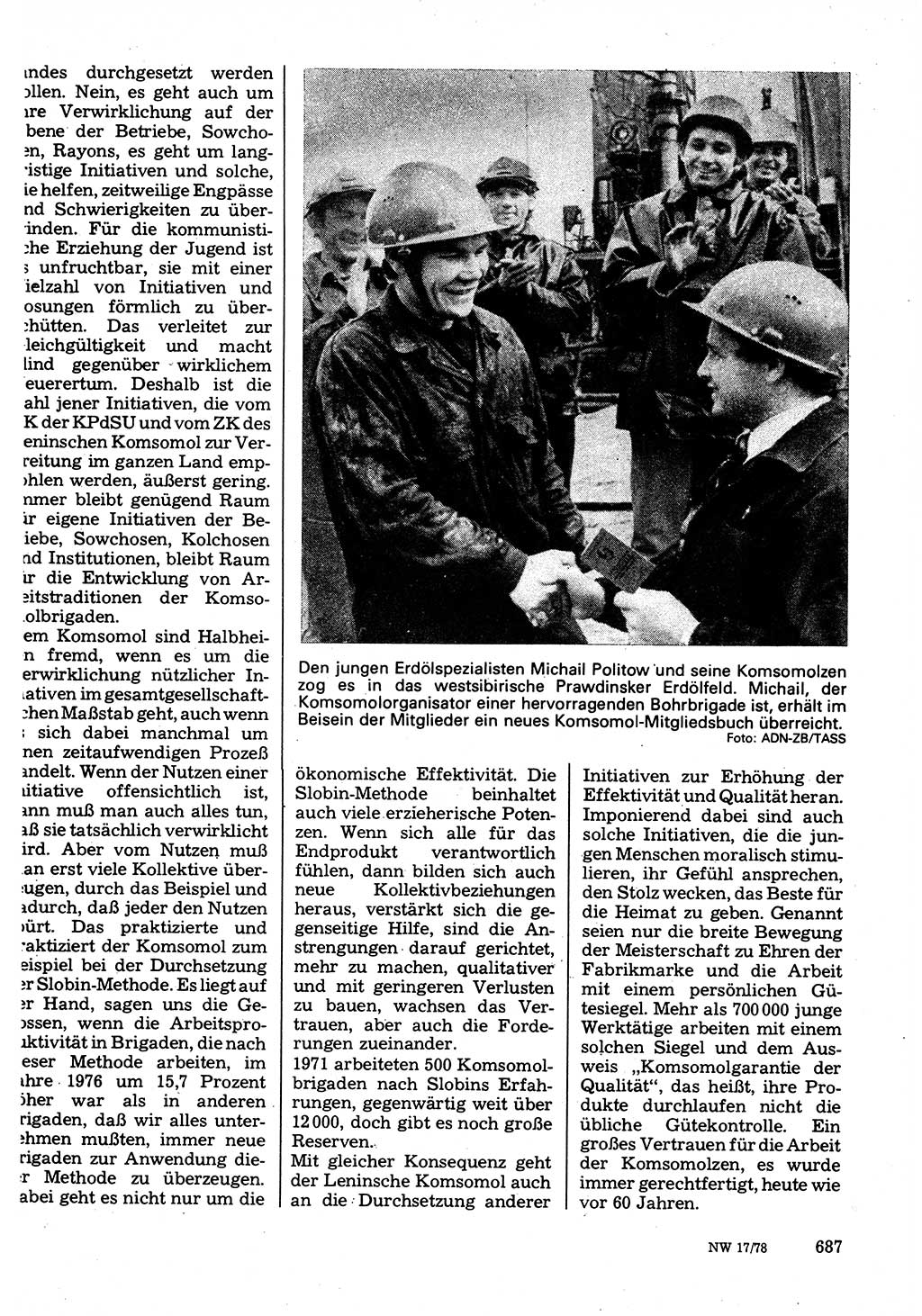 Neuer Weg (NW), Organ des Zentralkomitees (ZK) der SED (Sozialistische Einheitspartei Deutschlands) für Fragen des Parteilebens, 33. Jahrgang [Deutsche Demokratische Republik (DDR)] 1978, Seite 687 (NW ZK SED DDR 1978, S. 687)