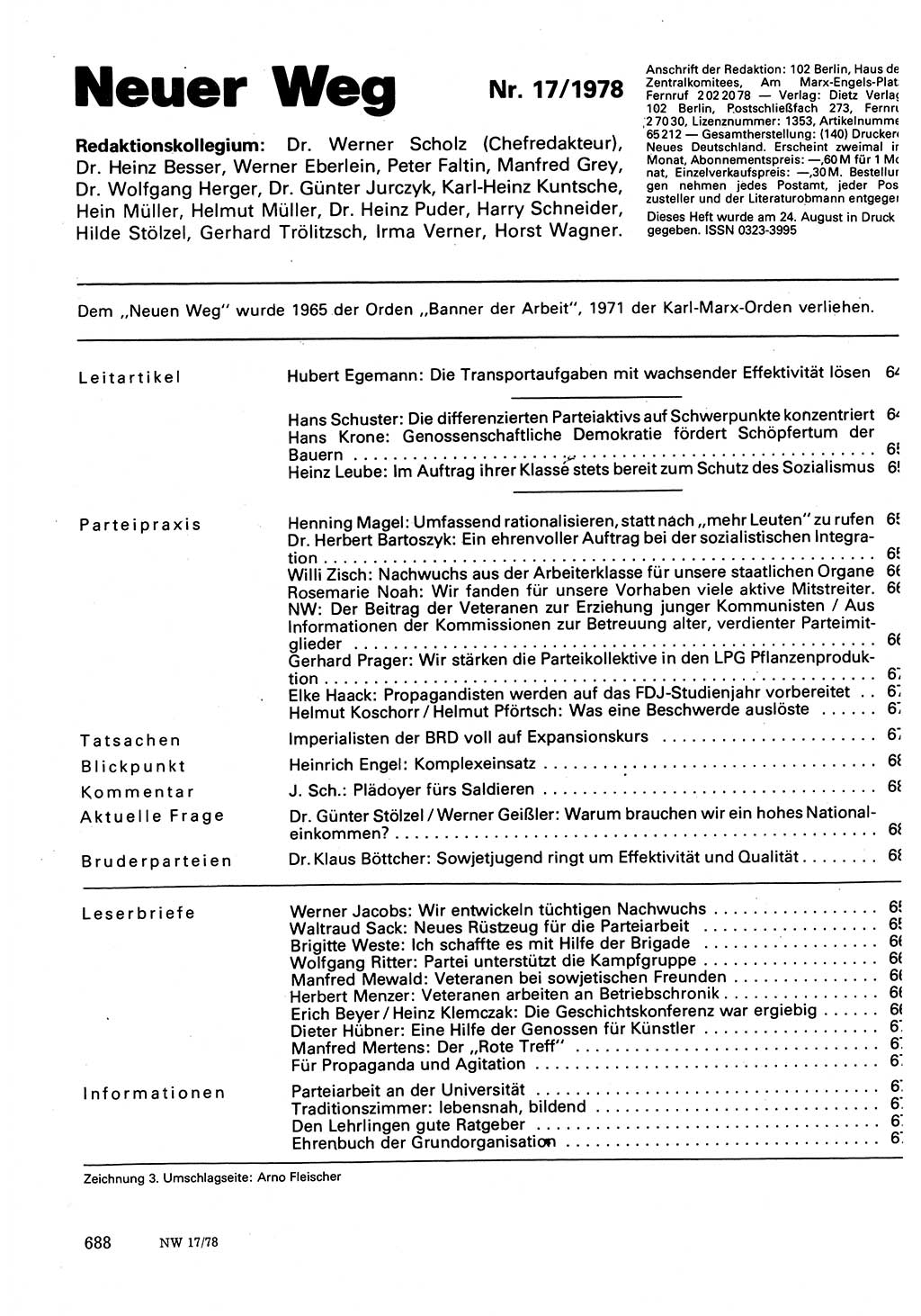 Neuer Weg (NW), Organ des Zentralkomitees (ZK) der SED (Sozialistische Einheitspartei Deutschlands) für Fragen des Parteilebens, 33. Jahrgang [Deutsche Demokratische Republik (DDR)] 1978, Seite 688 (NW ZK SED DDR 1978, S. 688)