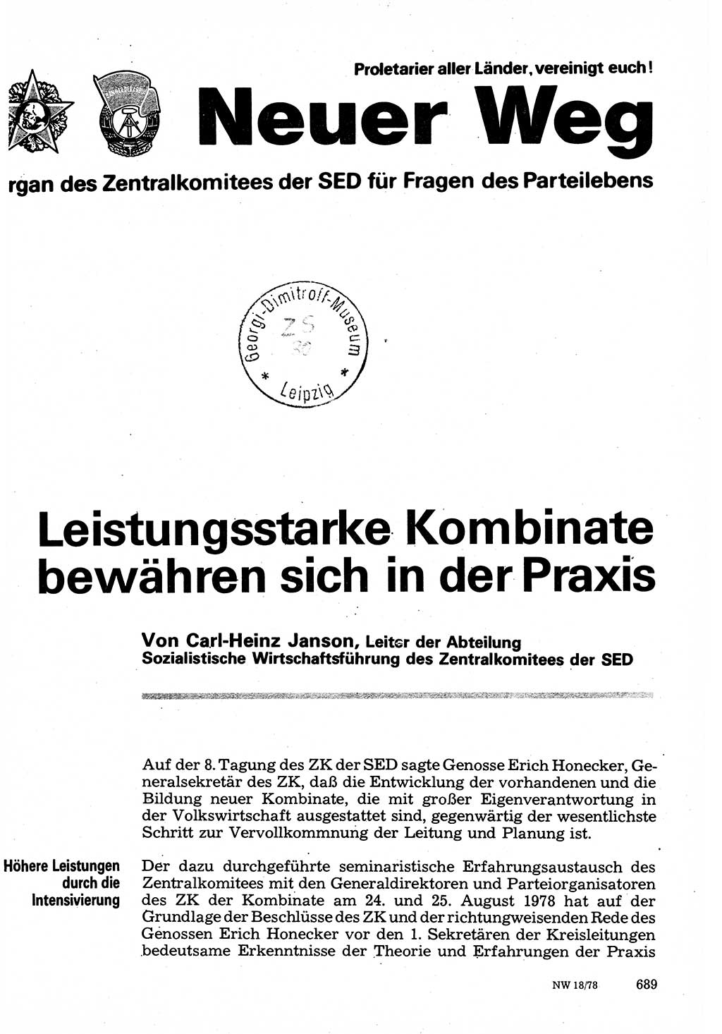 Neuer Weg (NW), Organ des Zentralkomitees (ZK) der SED (Sozialistische Einheitspartei Deutschlands) für Fragen des Parteilebens, 33. Jahrgang [Deutsche Demokratische Republik (DDR)] 1978, Seite 689 (NW ZK SED DDR 1978, S. 689)