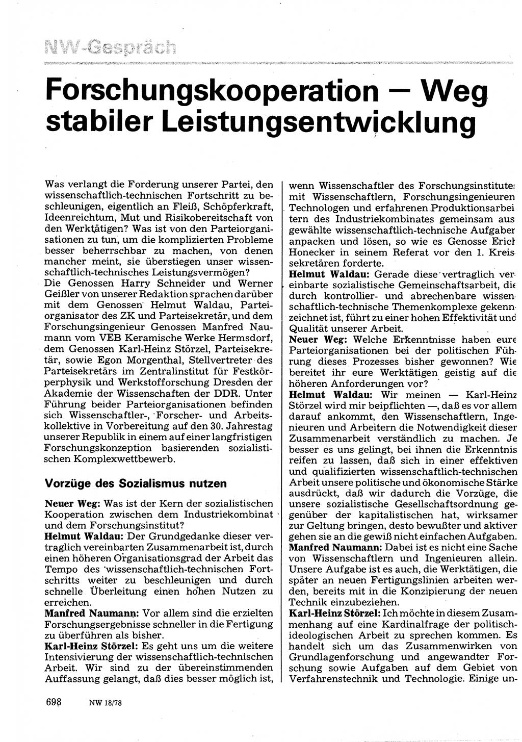 Neuer Weg (NW), Organ des Zentralkomitees (ZK) der SED (Sozialistische Einheitspartei Deutschlands) für Fragen des Parteilebens, 33. Jahrgang [Deutsche Demokratische Republik (DDR)] 1978, Seite 698 (NW ZK SED DDR 1978, S. 698)