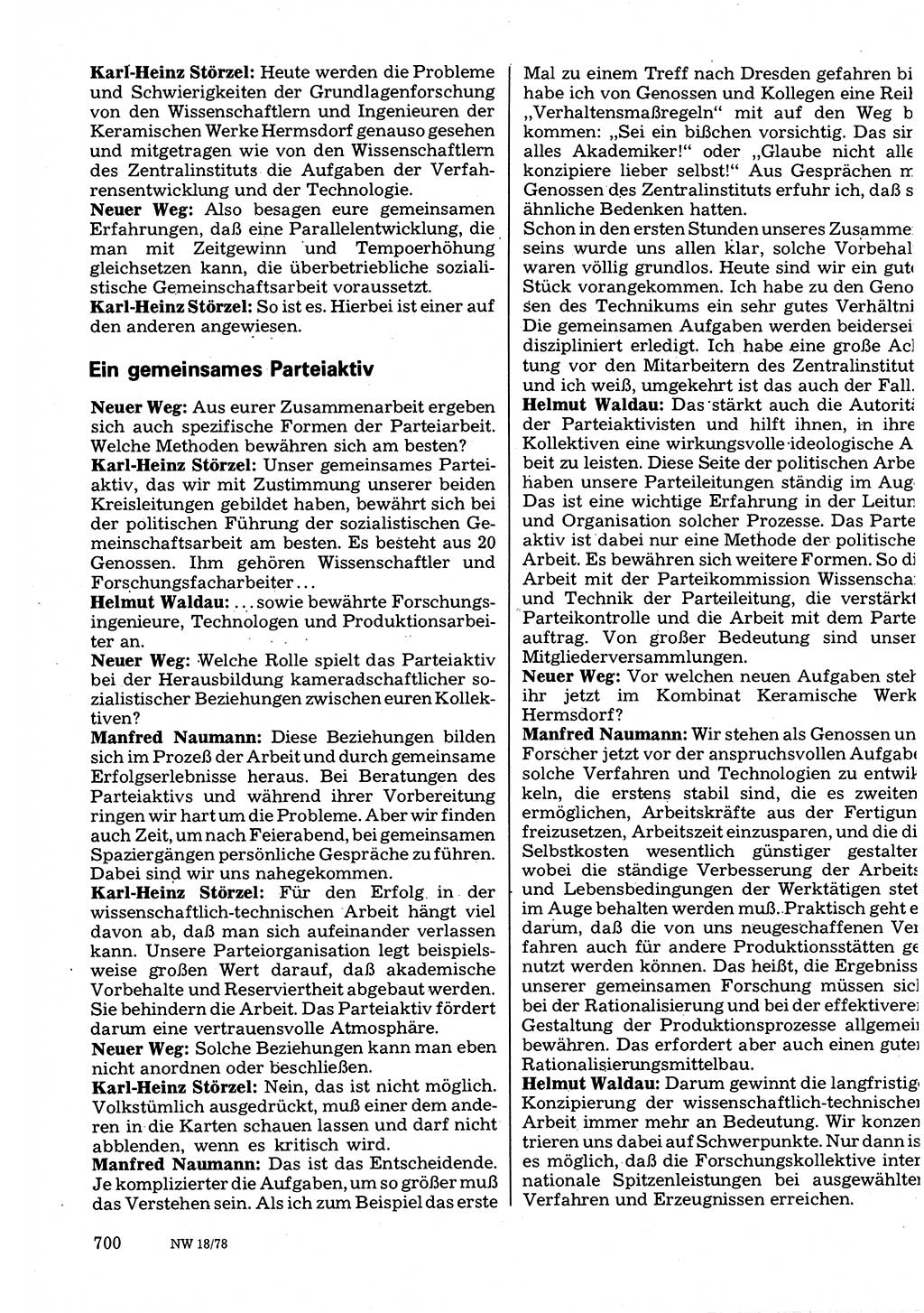 Neuer Weg (NW), Organ des Zentralkomitees (ZK) der SED (Sozialistische Einheitspartei Deutschlands) für Fragen des Parteilebens, 33. Jahrgang [Deutsche Demokratische Republik (DDR)] 1978, Seite 700 (NW ZK SED DDR 1978, S. 700)