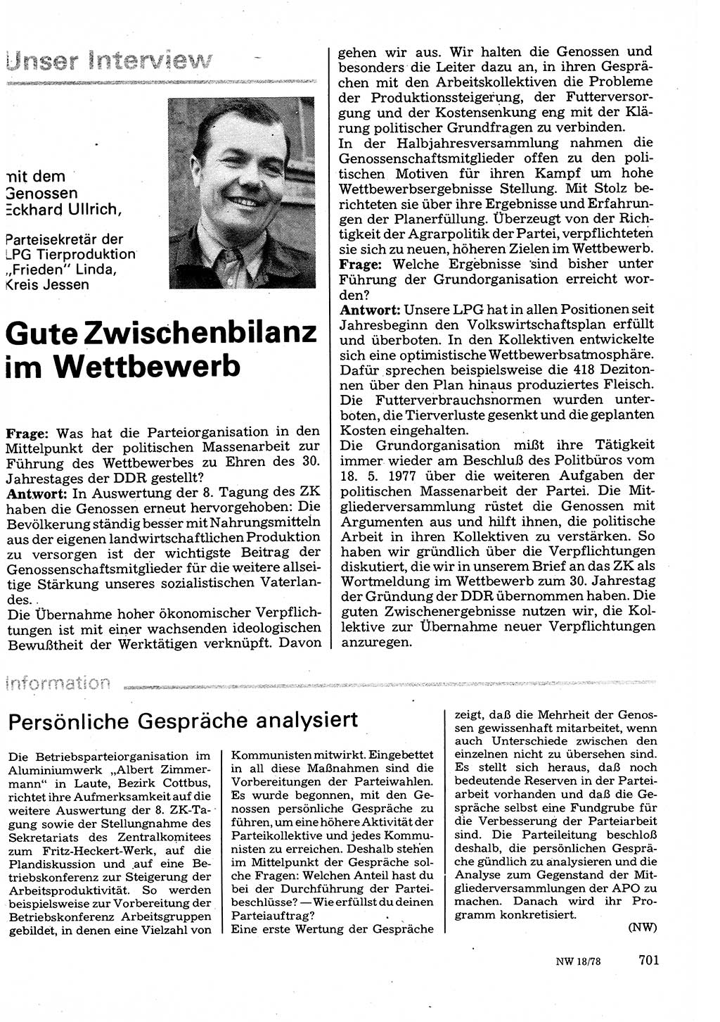 Neuer Weg (NW), Organ des Zentralkomitees (ZK) der SED (Sozialistische Einheitspartei Deutschlands) für Fragen des Parteilebens, 33. Jahrgang [Deutsche Demokratische Republik (DDR)] 1978, Seite 701 (NW ZK SED DDR 1978, S. 701)