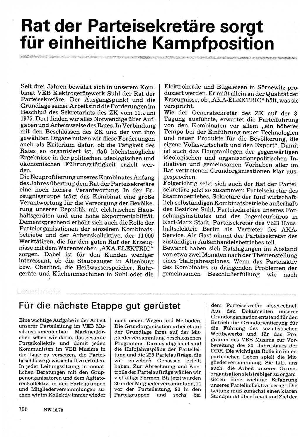 Neuer Weg (NW), Organ des Zentralkomitees (ZK) der SED (Sozialistische Einheitspartei Deutschlands) für Fragen des Parteilebens, 33. Jahrgang [Deutsche Demokratische Republik (DDR)] 1978, Seite 706 (NW ZK SED DDR 1978, S. 706)