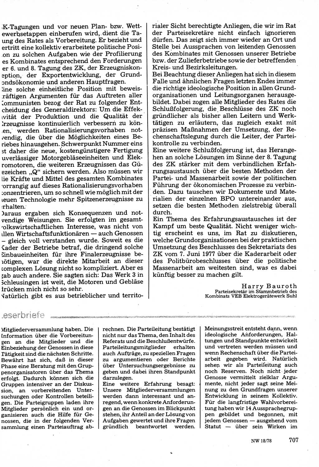 Neuer Weg (NW), Organ des Zentralkomitees (ZK) der SED (Sozialistische Einheitspartei Deutschlands) für Fragen des Parteilebens, 33. Jahrgang [Deutsche Demokratische Republik (DDR)] 1978, Seite 707 (NW ZK SED DDR 1978, S. 707)
