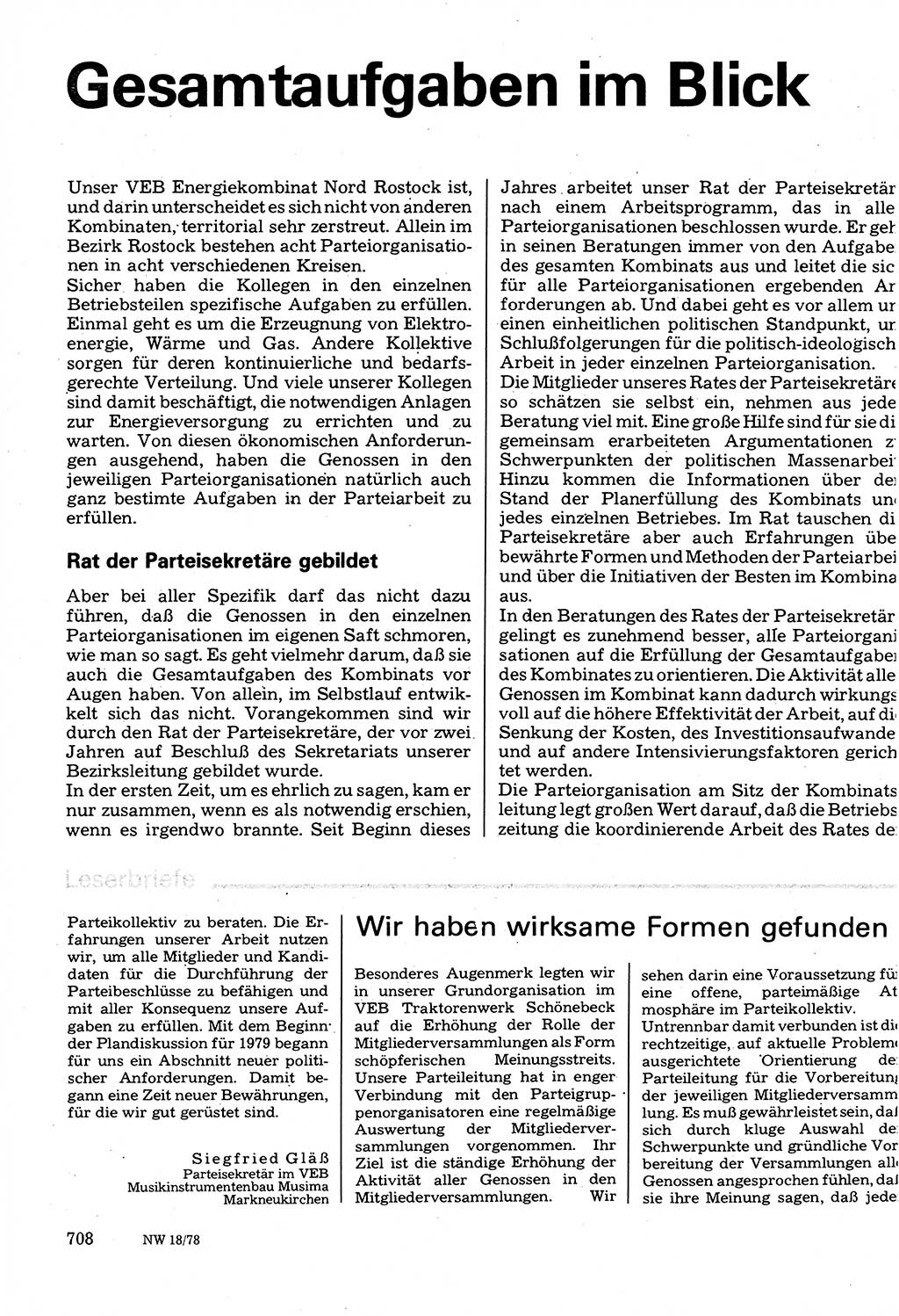 Neuer Weg (NW), Organ des Zentralkomitees (ZK) der SED (Sozialistische Einheitspartei Deutschlands) für Fragen des Parteilebens, 33. Jahrgang [Deutsche Demokratische Republik (DDR)] 1978, Seite 708 (NW ZK SED DDR 1978, S. 708)