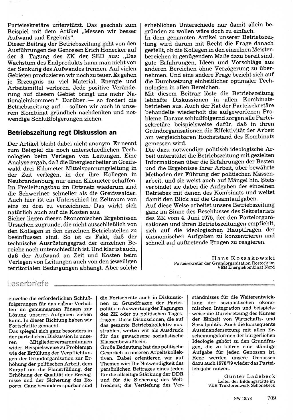Neuer Weg (NW), Organ des Zentralkomitees (ZK) der SED (Sozialistische Einheitspartei Deutschlands) für Fragen des Parteilebens, 33. Jahrgang [Deutsche Demokratische Republik (DDR)] 1978, Seite 709 (NW ZK SED DDR 1978, S. 709)