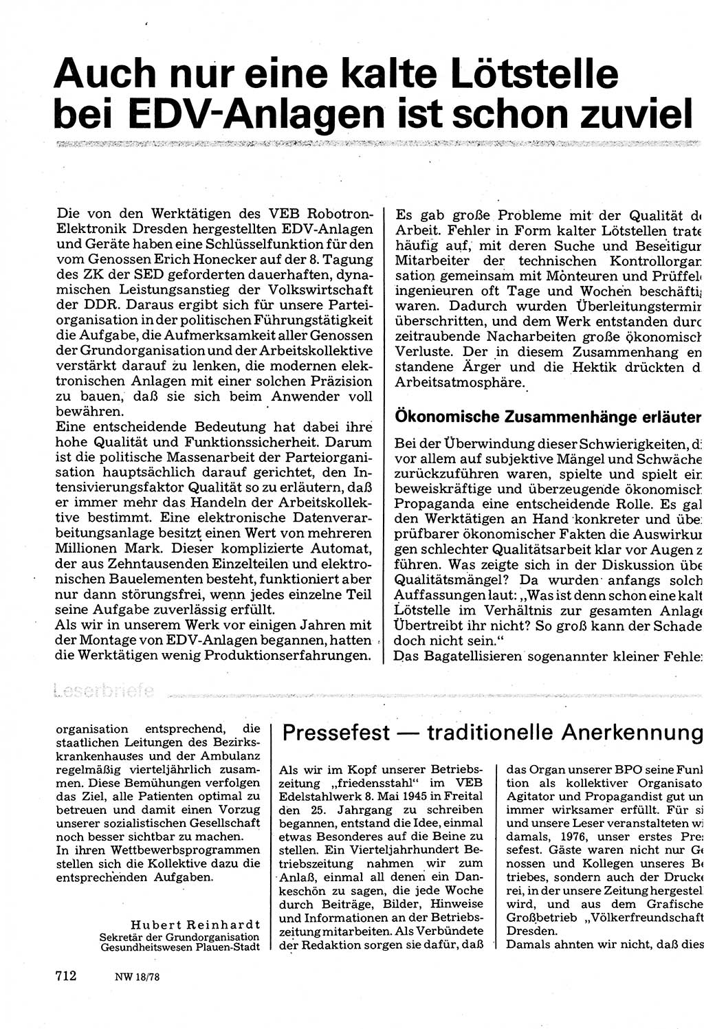 Neuer Weg (NW), Organ des Zentralkomitees (ZK) der SED (Sozialistische Einheitspartei Deutschlands) für Fragen des Parteilebens, 33. Jahrgang [Deutsche Demokratische Republik (DDR)] 1978, Seite 712 (NW ZK SED DDR 1978, S. 712)