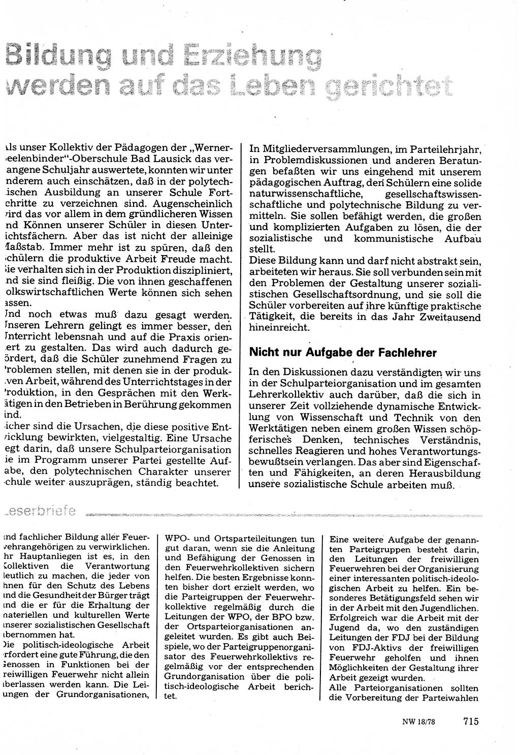 Neuer Weg (NW), Organ des Zentralkomitees (ZK) der SED (Sozialistische Einheitspartei Deutschlands) für Fragen des Parteilebens, 33. Jahrgang [Deutsche Demokratische Republik (DDR)] 1978, Seite 715 (NW ZK SED DDR 1978, S. 715)