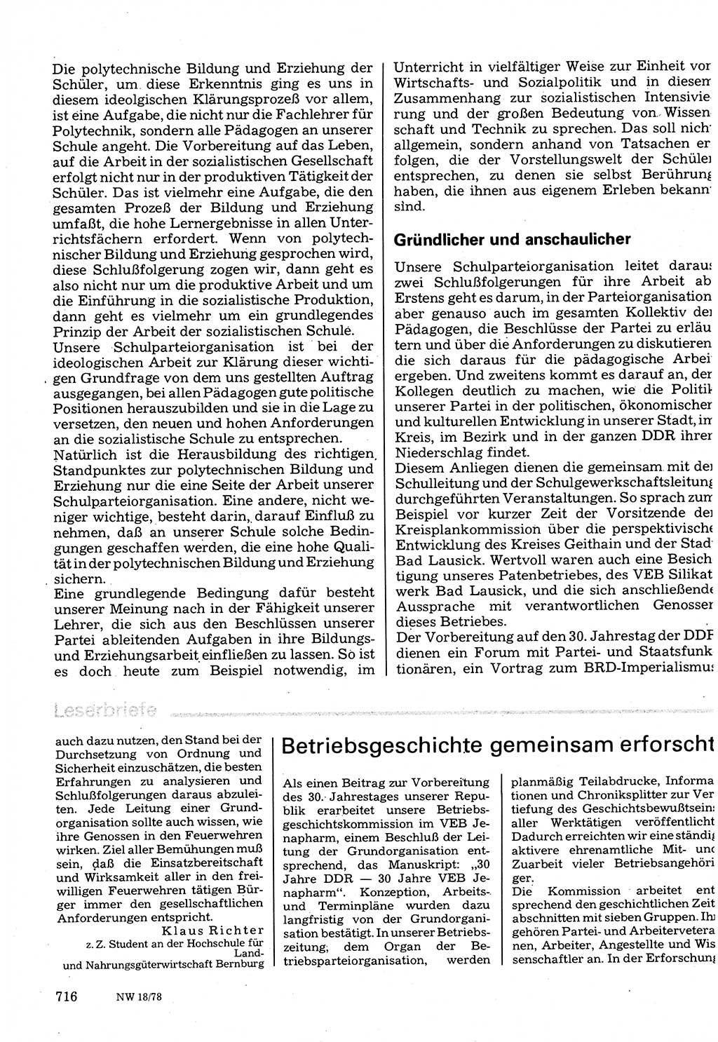 Neuer Weg (NW), Organ des Zentralkomitees (ZK) der SED (Sozialistische Einheitspartei Deutschlands) für Fragen des Parteilebens, 33. Jahrgang [Deutsche Demokratische Republik (DDR)] 1978, Seite 716 (NW ZK SED DDR 1978, S. 716)