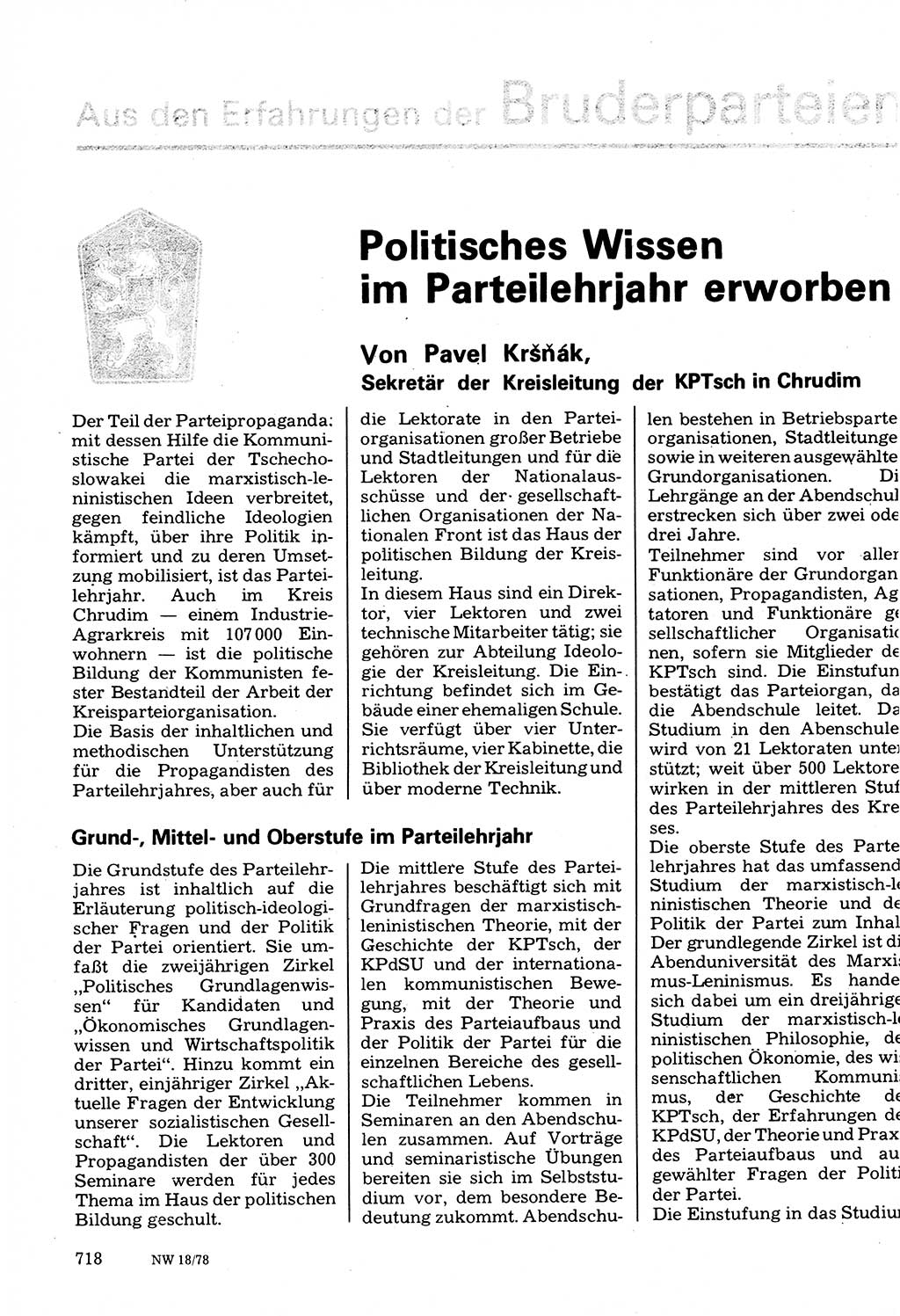 Neuer Weg (NW), Organ des Zentralkomitees (ZK) der SED (Sozialistische Einheitspartei Deutschlands) für Fragen des Parteilebens, 33. Jahrgang [Deutsche Demokratische Republik (DDR)] 1978, Seite 718 (NW ZK SED DDR 1978, S. 718)