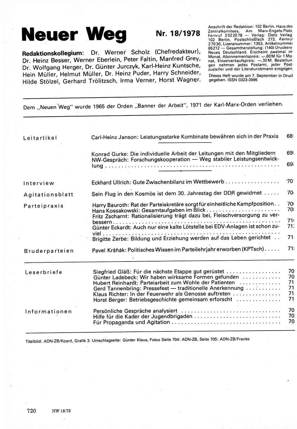 Neuer Weg (NW), Organ des Zentralkomitees (ZK) der SED (Sozialistische Einheitspartei Deutschlands) für Fragen des Parteilebens, 33. Jahrgang [Deutsche Demokratische Republik (DDR)] 1978, Seite 720 (NW ZK SED DDR 1978, S. 720)