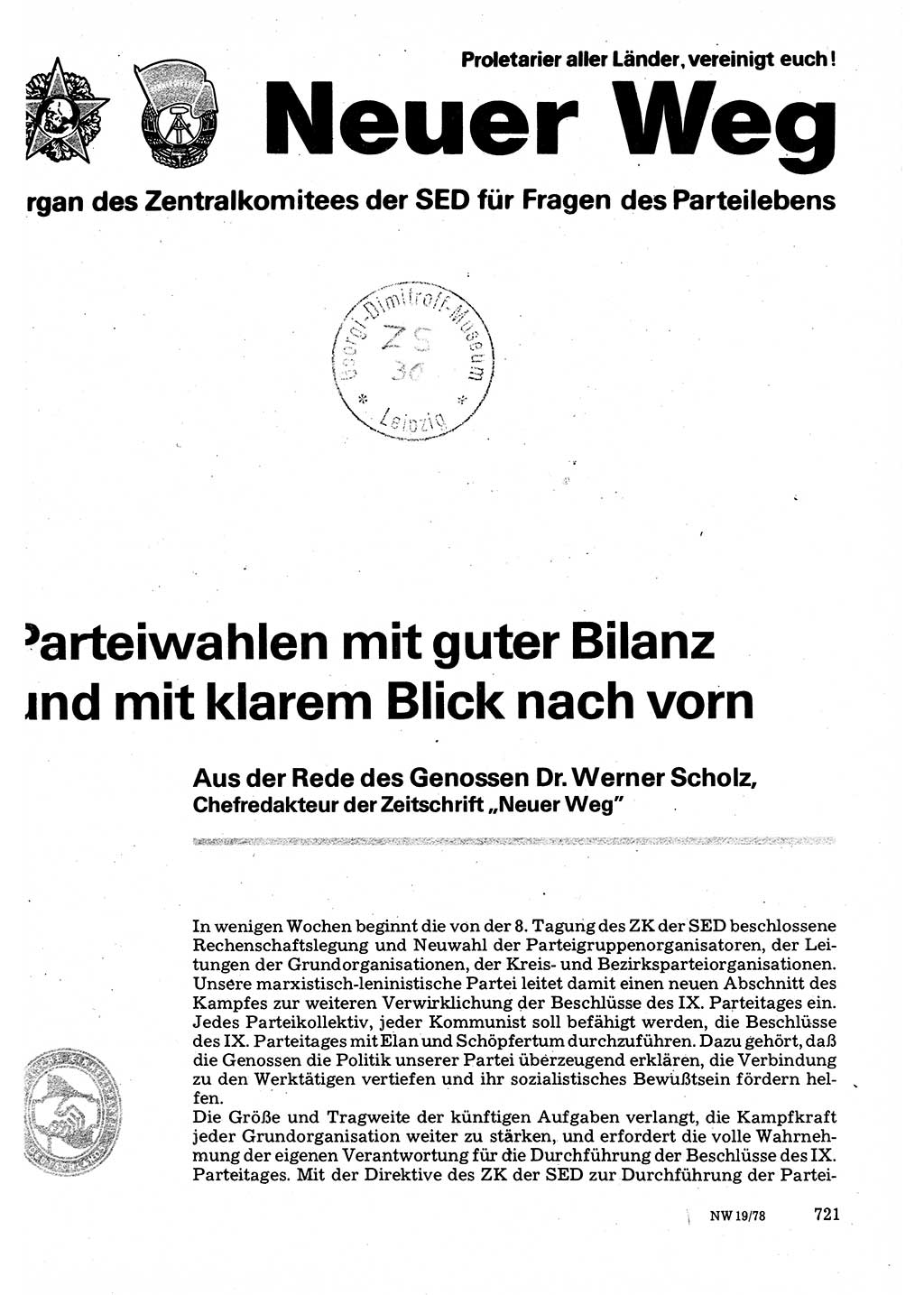 Neuer Weg (NW), Organ des Zentralkomitees (ZK) der SED (Sozialistische Einheitspartei Deutschlands) für Fragen des Parteilebens, 33. Jahrgang [Deutsche Demokratische Republik (DDR)] 1978, Seite 721 (NW ZK SED DDR 1978, S. 721)