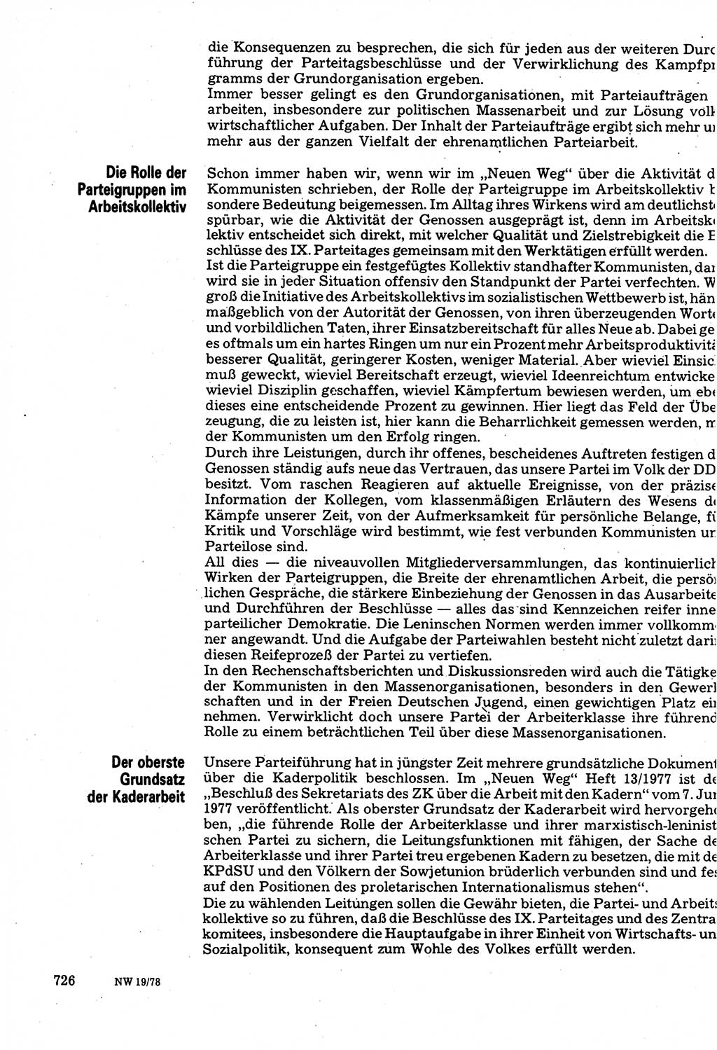 Neuer Weg (NW), Organ des Zentralkomitees (ZK) der SED (Sozialistische Einheitspartei Deutschlands) für Fragen des Parteilebens, 33. Jahrgang [Deutsche Demokratische Republik (DDR)] 1978, Seite 726 (NW ZK SED DDR 1978, S. 726)