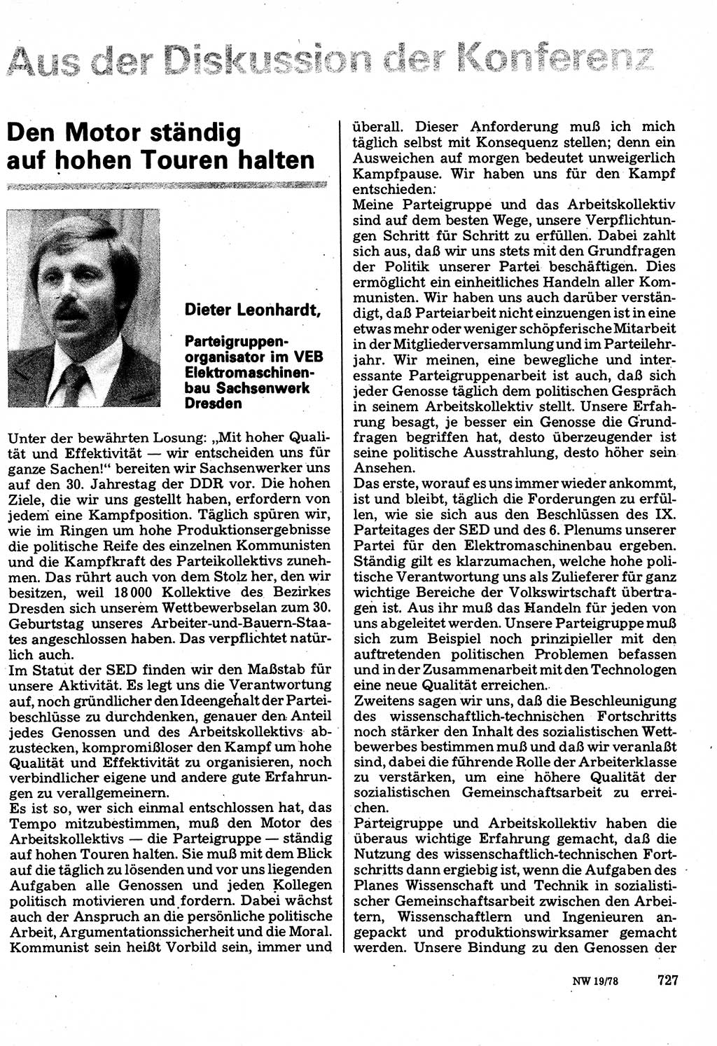 Neuer Weg (NW), Organ des Zentralkomitees (ZK) der SED (Sozialistische Einheitspartei Deutschlands) für Fragen des Parteilebens, 33. Jahrgang [Deutsche Demokratische Republik (DDR)] 1978, Seite 727 (NW ZK SED DDR 1978, S. 727)