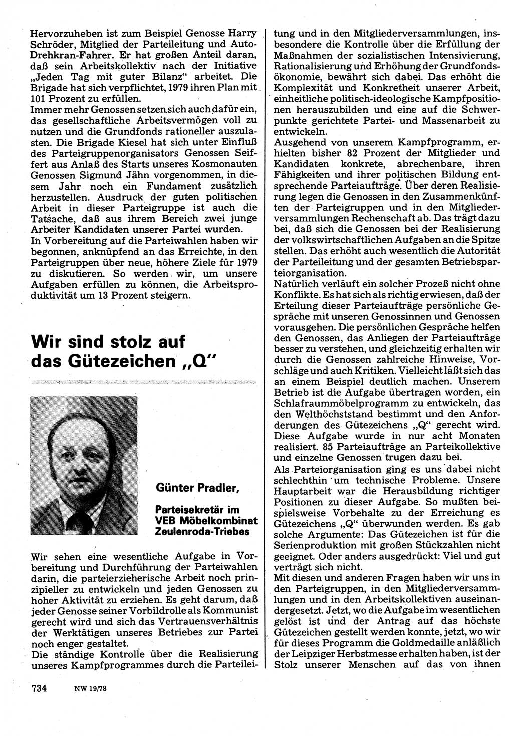 Neuer Weg (NW), Organ des Zentralkomitees (ZK) der SED (Sozialistische Einheitspartei Deutschlands) für Fragen des Parteilebens, 33. Jahrgang [Deutsche Demokratische Republik (DDR)] 1978, Seite 734 (NW ZK SED DDR 1978, S. 734)