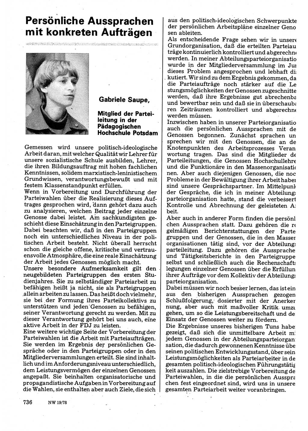 Neuer Weg (NW), Organ des Zentralkomitees (ZK) der SED (Sozialistische Einheitspartei Deutschlands) für Fragen des Parteilebens, 33. Jahrgang [Deutsche Demokratische Republik (DDR)] 1978, Seite 736 (NW ZK SED DDR 1978, S. 736)