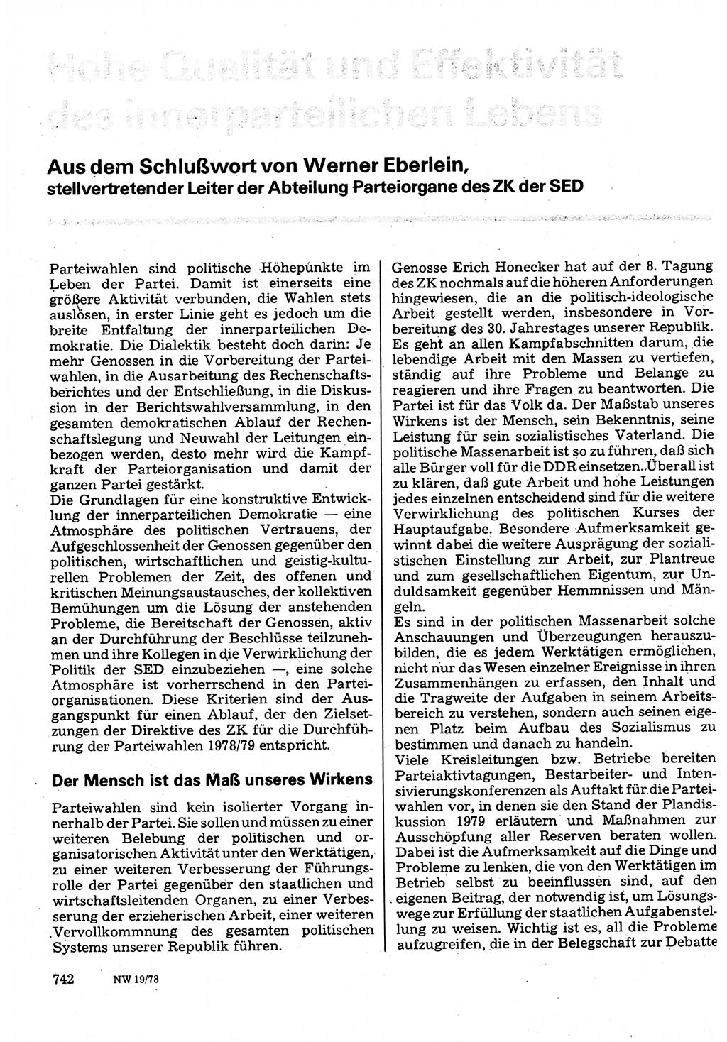 Neuer Weg (NW), Organ des Zentralkomitees (ZK) der SED (Sozialistische Einheitspartei Deutschlands) für Fragen des Parteilebens, 33. Jahrgang [Deutsche Demokratische Republik (DDR)] 1978, Seite 742 (NW ZK SED DDR 1978, S. 742)