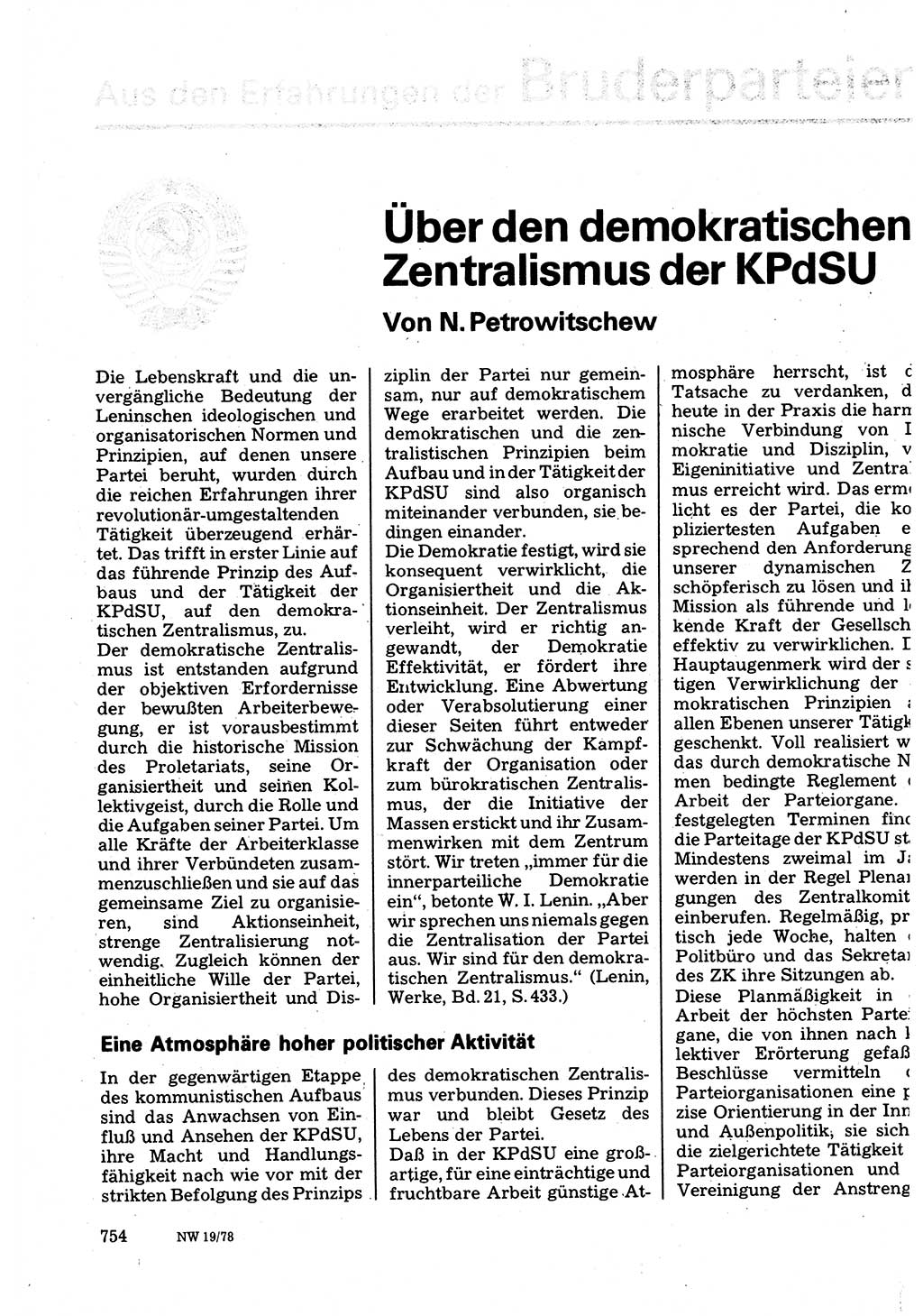 Neuer Weg (NW), Organ des Zentralkomitees (ZK) der SED (Sozialistische Einheitspartei Deutschlands) für Fragen des Parteilebens, 33. Jahrgang [Deutsche Demokratische Republik (DDR)] 1978, Seite 754 (NW ZK SED DDR 1978, S. 754)