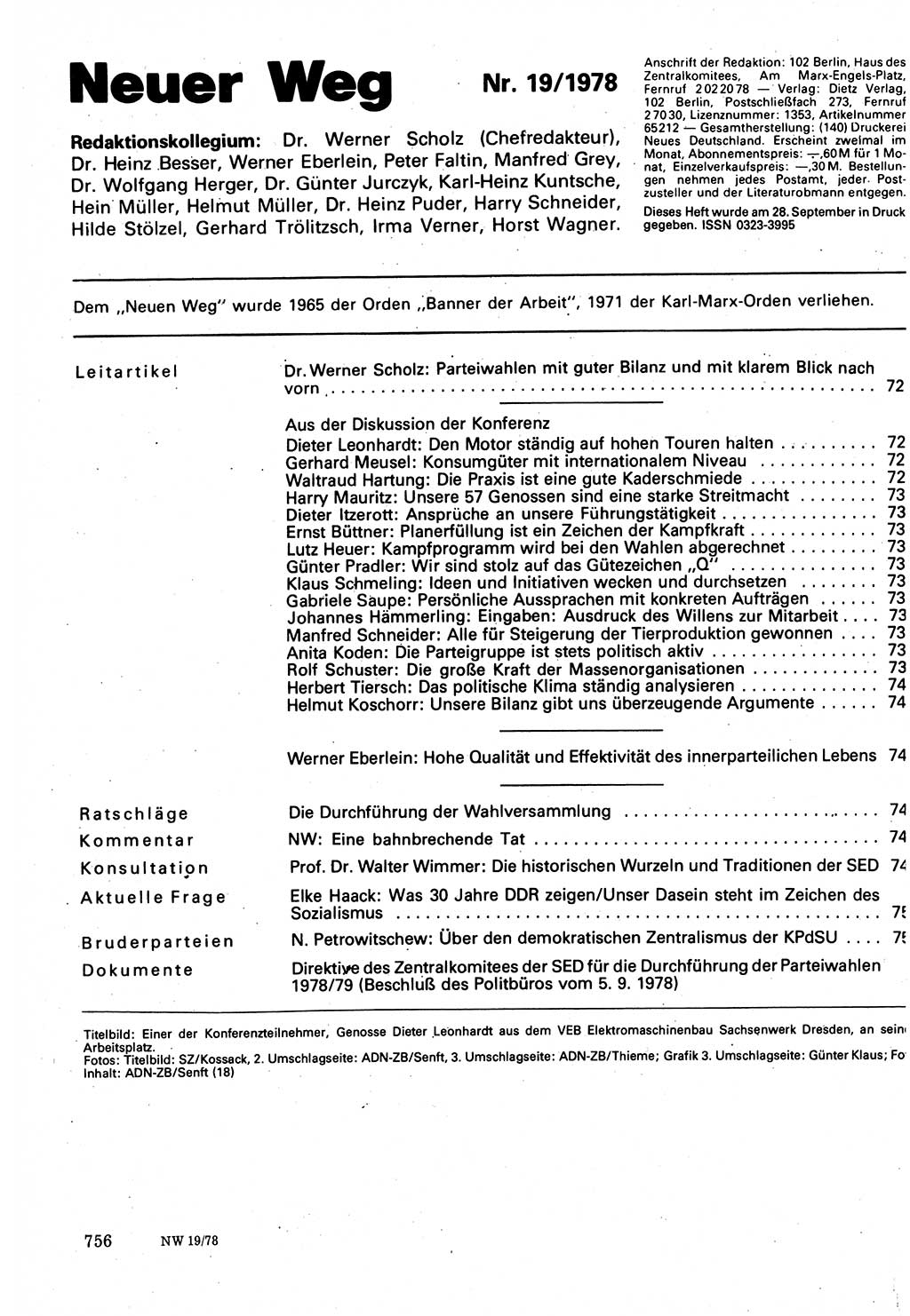 Neuer Weg (NW), Organ des Zentralkomitees (ZK) der SED (Sozialistische Einheitspartei Deutschlands) für Fragen des Parteilebens, 33. Jahrgang [Deutsche Demokratische Republik (DDR)] 1978, Seite 756 (NW ZK SED DDR 1978, S. 756)