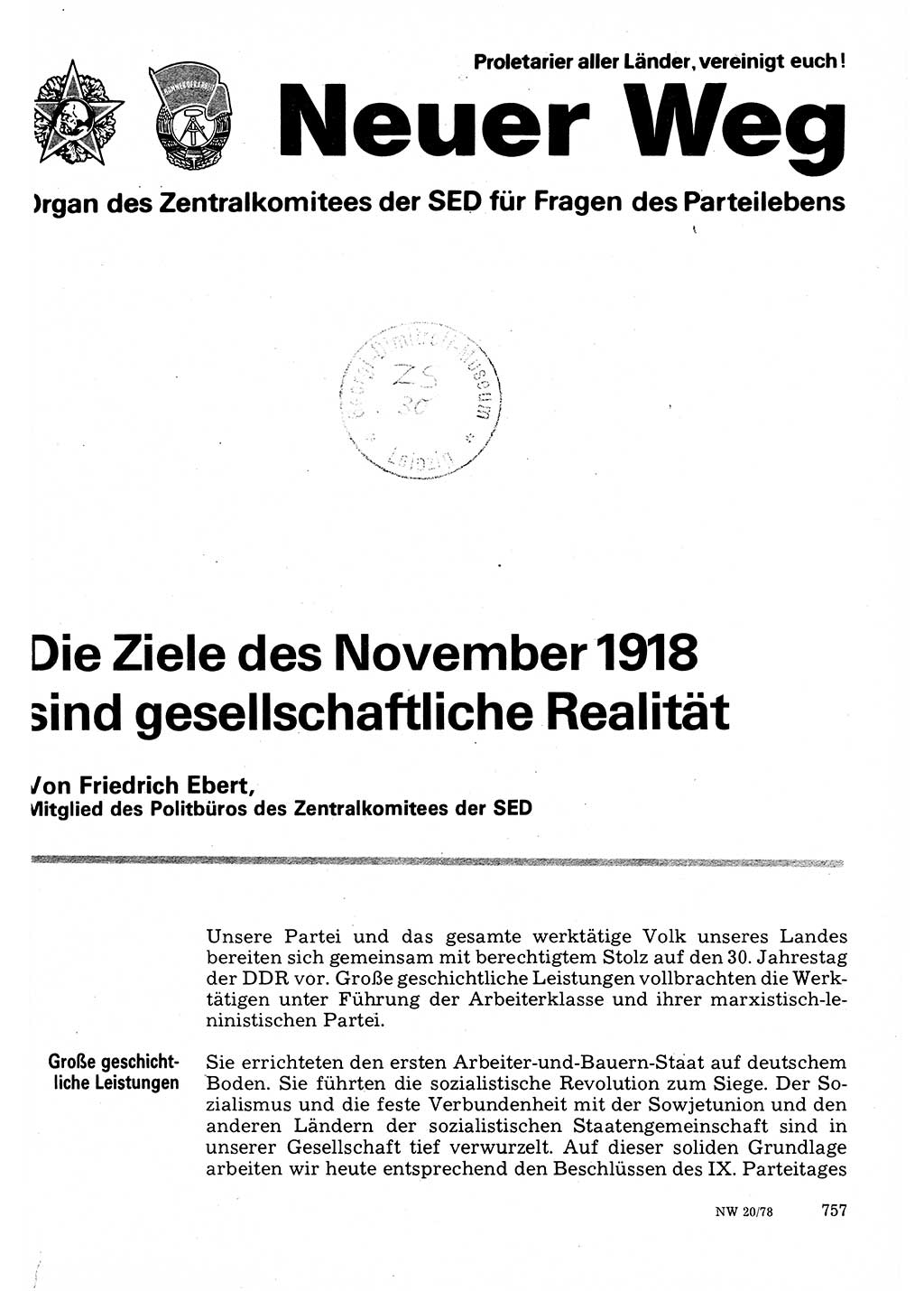 Neuer Weg (NW), Organ des Zentralkomitees (ZK) der SED (Sozialistische Einheitspartei Deutschlands) für Fragen des Parteilebens, 33. Jahrgang [Deutsche Demokratische Republik (DDR)] 1978, Seite 757 (NW ZK SED DDR 1978, S. 757)