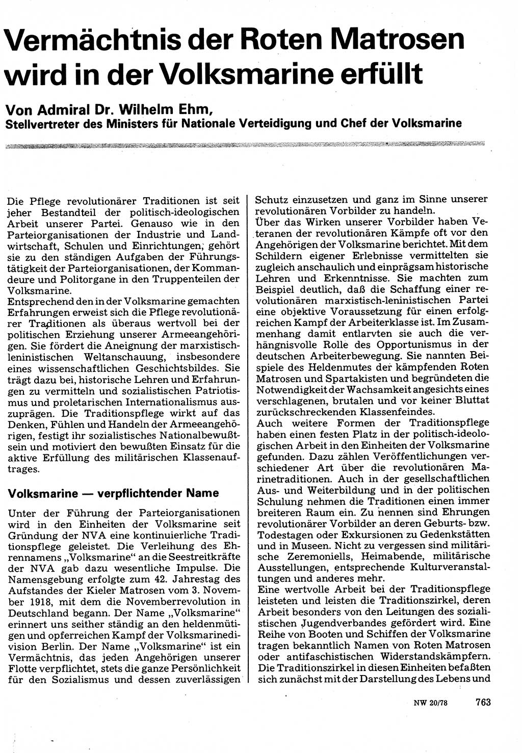 Neuer Weg (NW), Organ des Zentralkomitees (ZK) der SED (Sozialistische Einheitspartei Deutschlands) für Fragen des Parteilebens, 33. Jahrgang [Deutsche Demokratische Republik (DDR)] 1978, Seite 763 (NW ZK SED DDR 1978, S. 763)