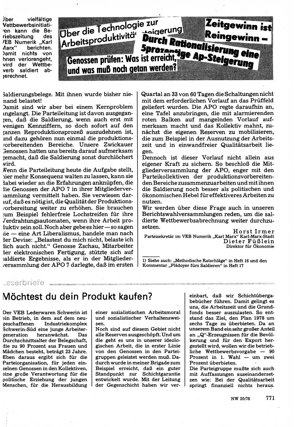 Neuer Weg (NW), Organ des Zentralkomitees (ZK) der SED (Sozialistische Einheitspartei Deutschlands) für Fragen des Parteilebens, 33. Jahrgang [Deutsche Demokratische Republik (DDR)] 1978, Seite 771 (NW ZK SED DDR 1978, S. 771)