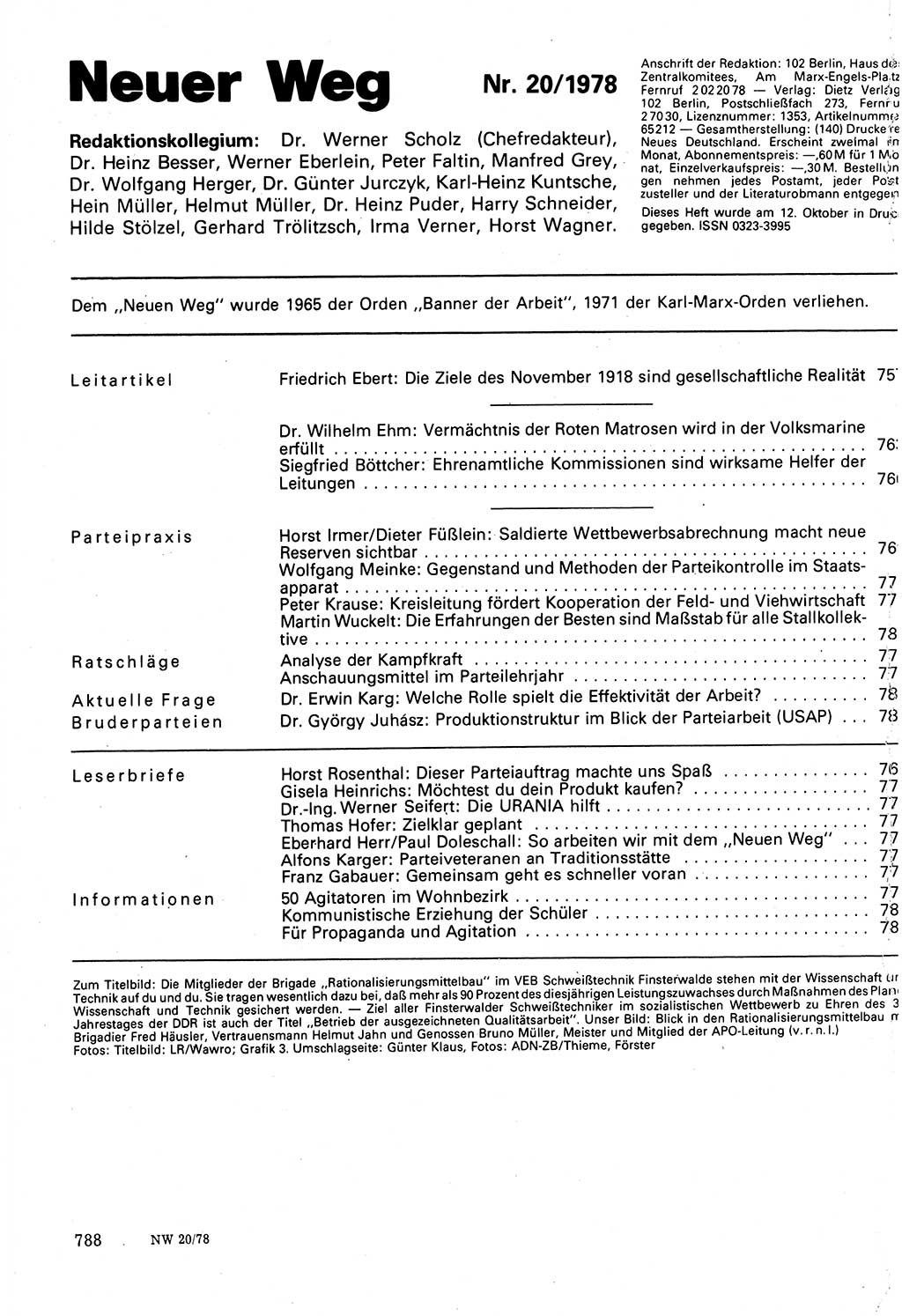 Neuer Weg (NW), Organ des Zentralkomitees (ZK) der SED (Sozialistische Einheitspartei Deutschlands) für Fragen des Parteilebens, 33. Jahrgang [Deutsche Demokratische Republik (DDR)] 1978, Seite 788 (NW ZK SED DDR 1978, S. 788)