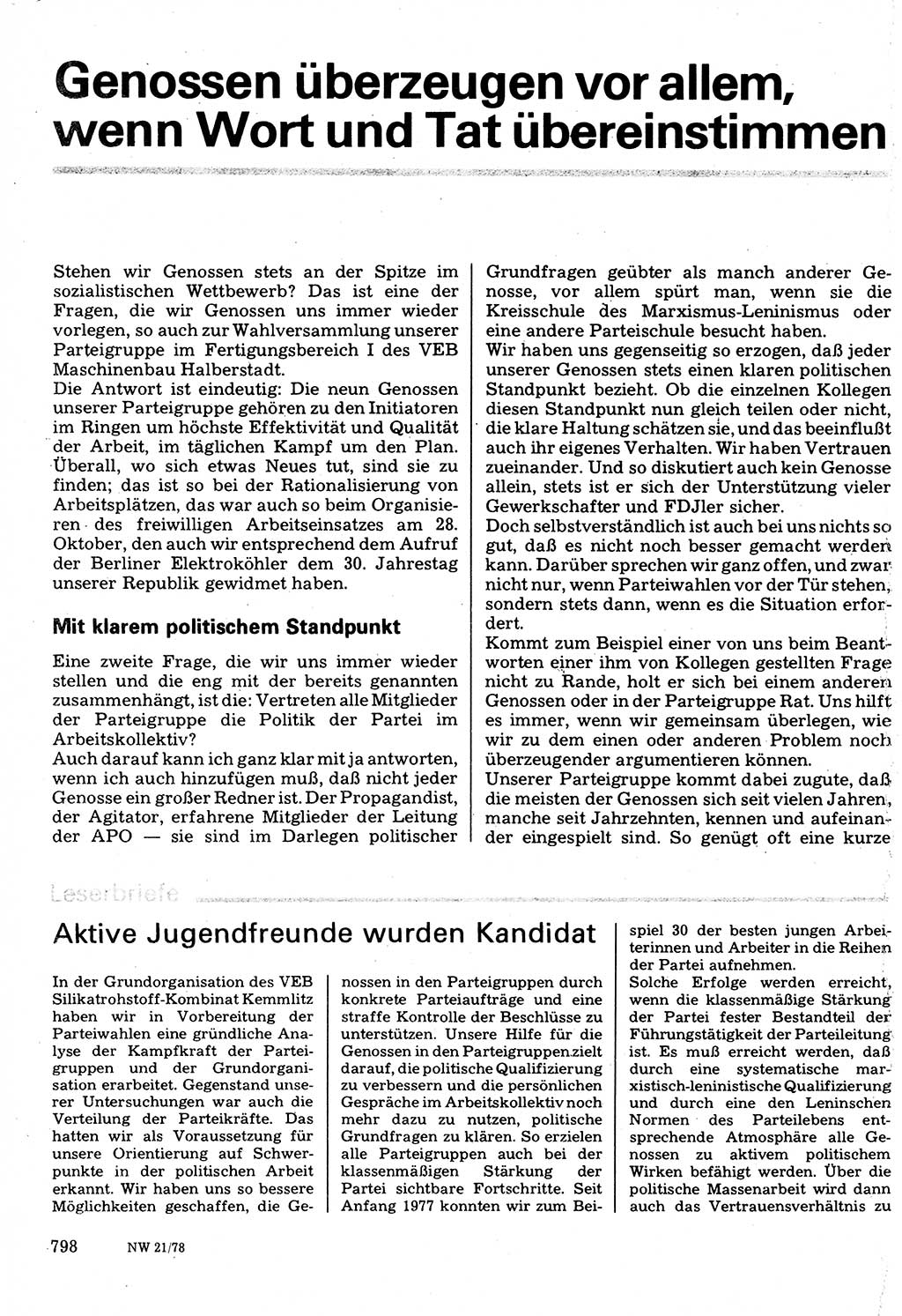 Neuer Weg (NW), Organ des Zentralkomitees (ZK) der SED (Sozialistische Einheitspartei Deutschlands) für Fragen des Parteilebens, 33. Jahrgang [Deutsche Demokratische Republik (DDR)] 1978, Seite 798 (NW ZK SED DDR 1978, S. 798)