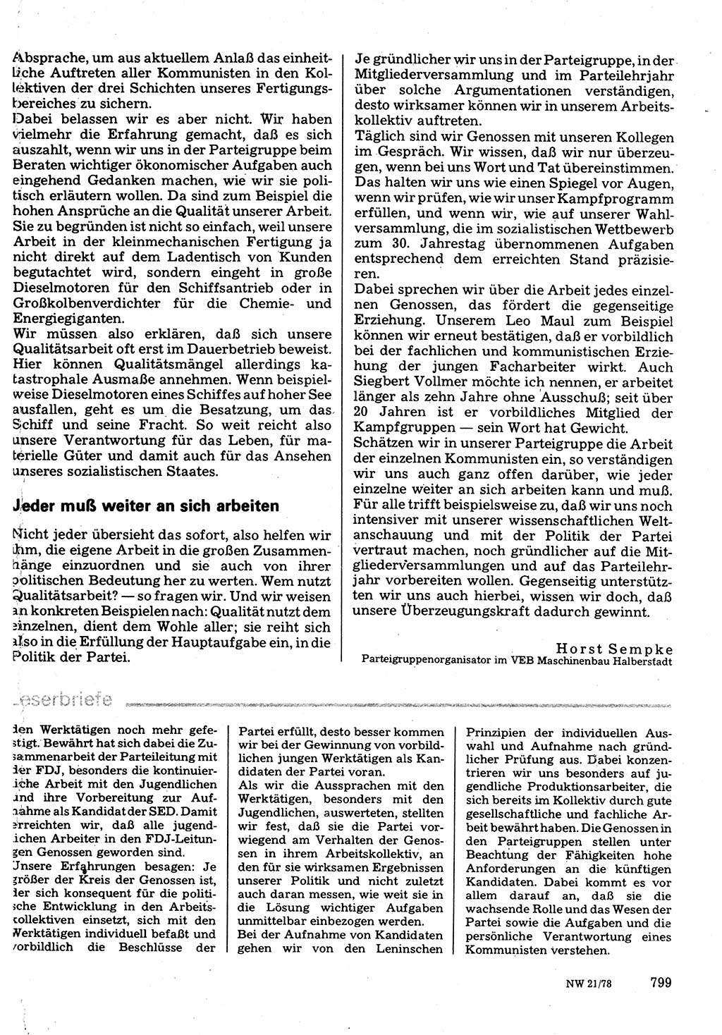 Neuer Weg (NW), Organ des Zentralkomitees (ZK) der SED (Sozialistische Einheitspartei Deutschlands) für Fragen des Parteilebens, 33. Jahrgang [Deutsche Demokratische Republik (DDR)] 1978, Seite 799 (NW ZK SED DDR 1978, S. 799)