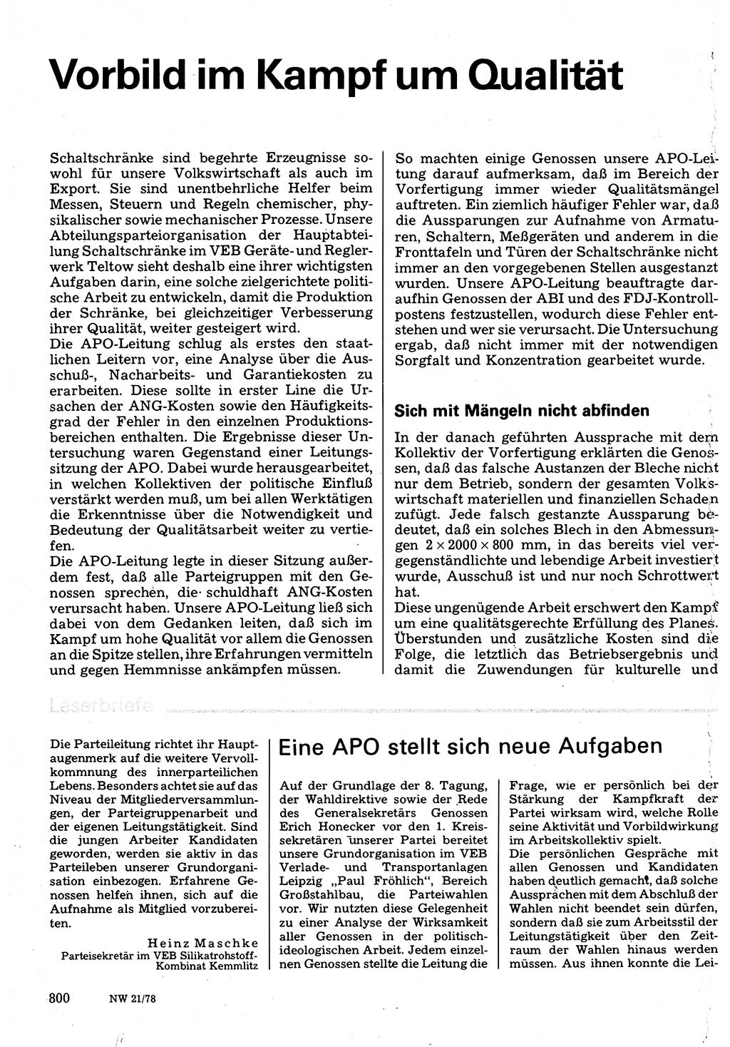 Neuer Weg (NW), Organ des Zentralkomitees (ZK) der SED (Sozialistische Einheitspartei Deutschlands) für Fragen des Parteilebens, 33. Jahrgang [Deutsche Demokratische Republik (DDR)] 1978, Seite 800 (NW ZK SED DDR 1978, S. 800)