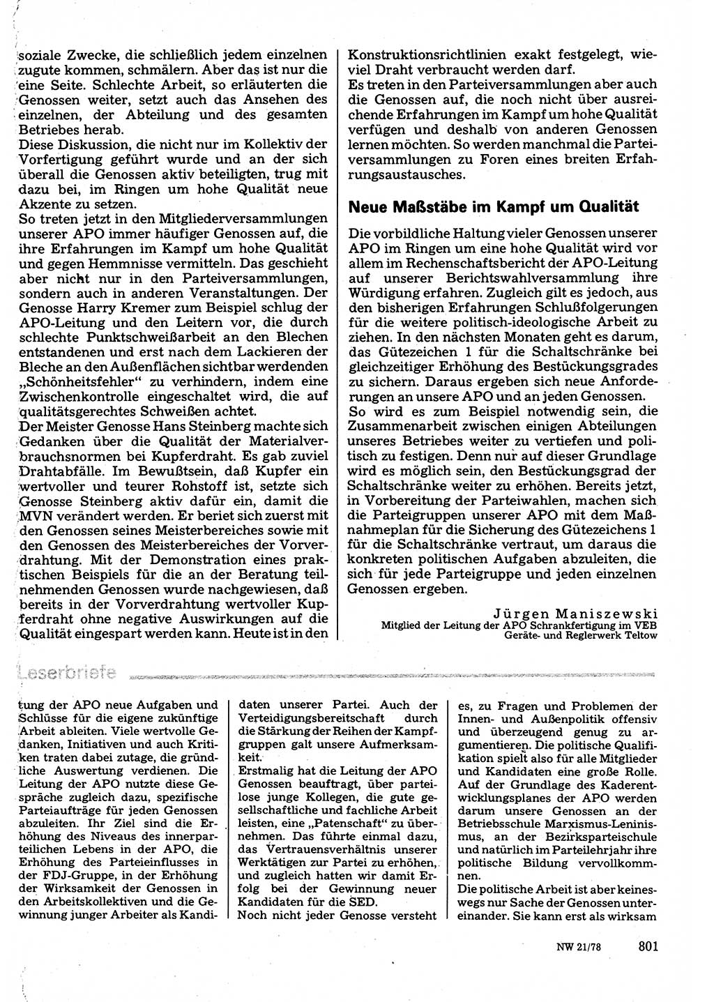 Neuer Weg (NW), Organ des Zentralkomitees (ZK) der SED (Sozialistische Einheitspartei Deutschlands) für Fragen des Parteilebens, 33. Jahrgang [Deutsche Demokratische Republik (DDR)] 1978, Seite 801 (NW ZK SED DDR 1978, S. 801)