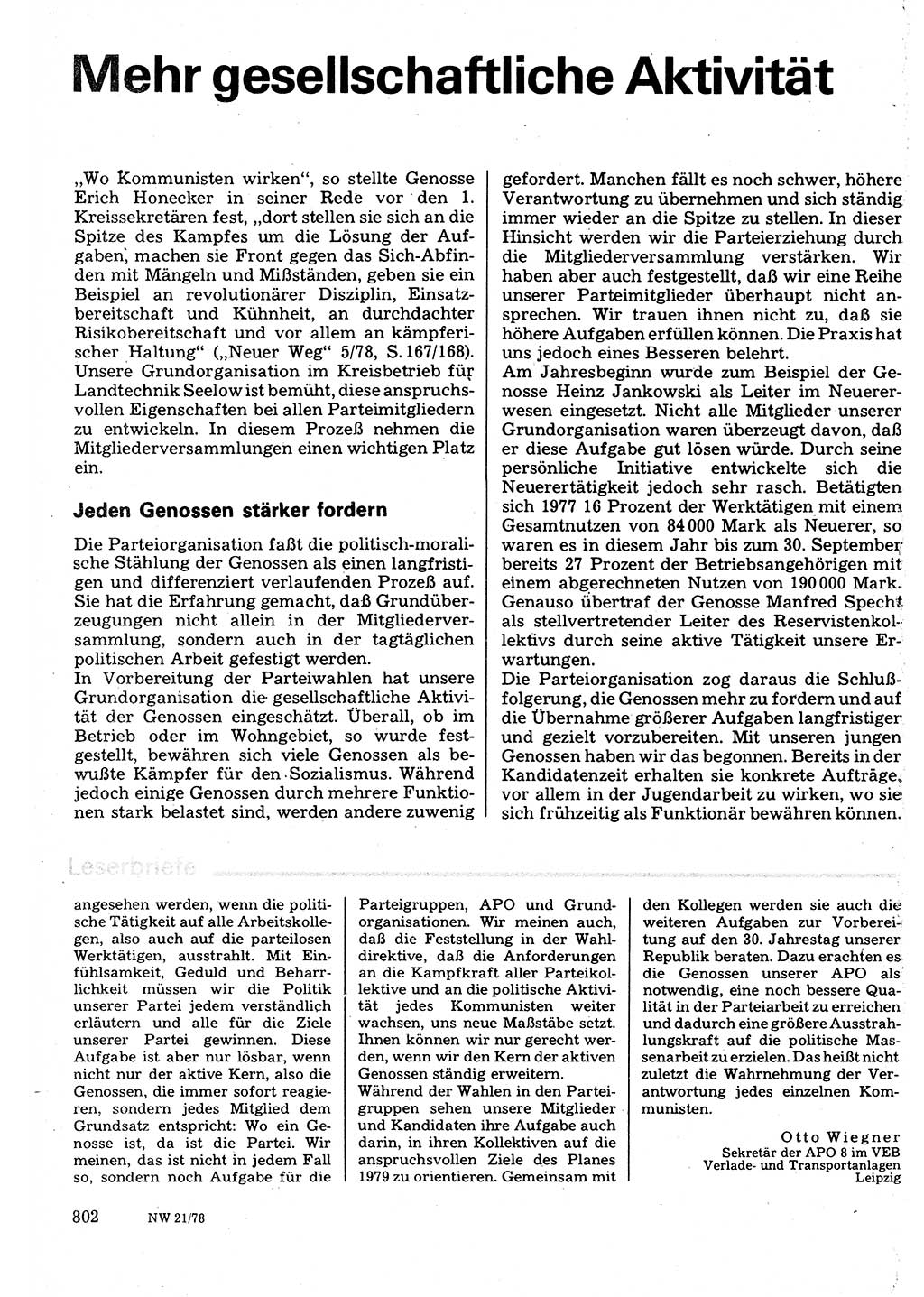 Neuer Weg (NW), Organ des Zentralkomitees (ZK) der SED (Sozialistische Einheitspartei Deutschlands) für Fragen des Parteilebens, 33. Jahrgang [Deutsche Demokratische Republik (DDR)] 1978, Seite 802 (NW ZK SED DDR 1978, S. 802)