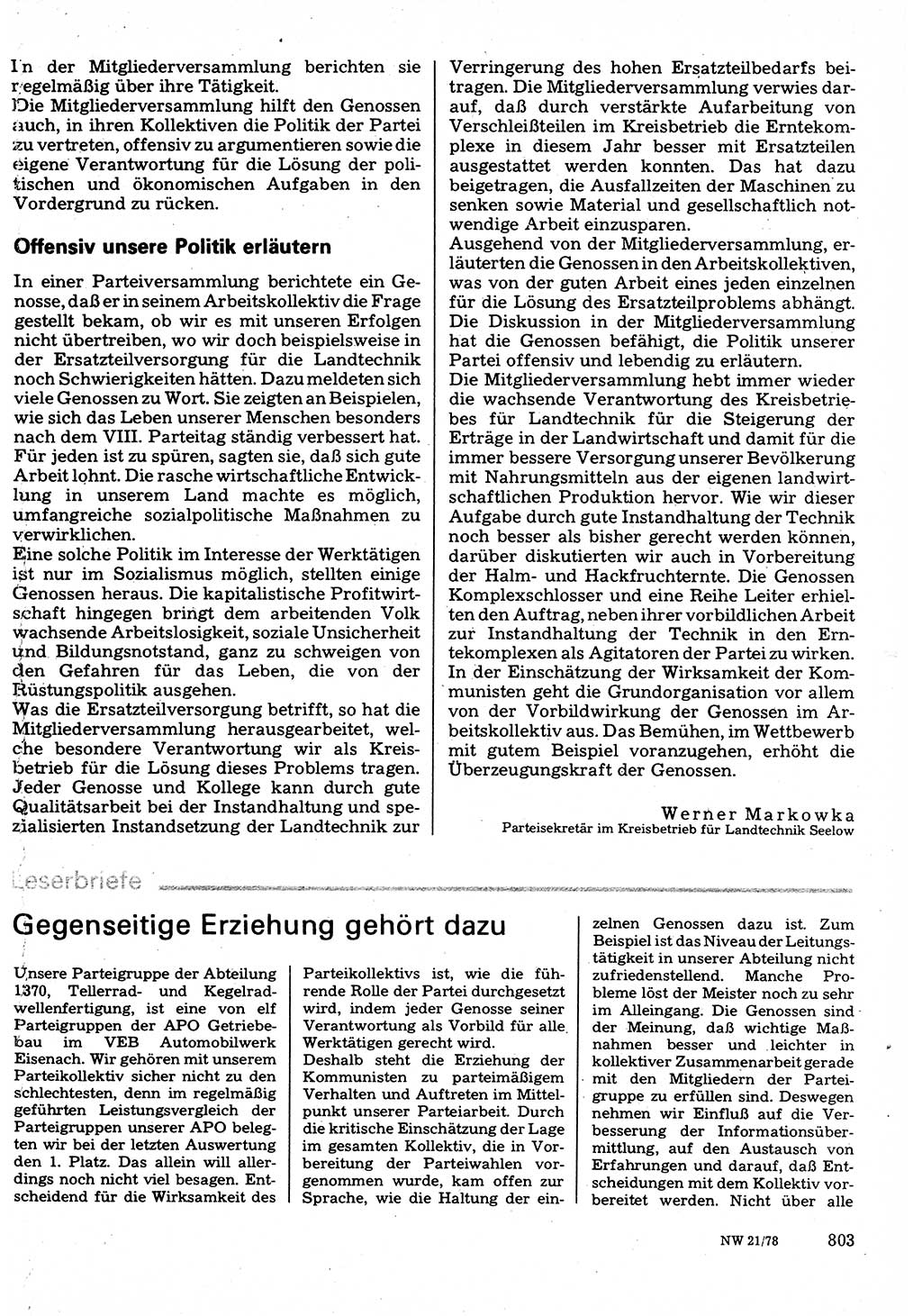 Neuer Weg (NW), Organ des Zentralkomitees (ZK) der SED (Sozialistische Einheitspartei Deutschlands) für Fragen des Parteilebens, 33. Jahrgang [Deutsche Demokratische Republik (DDR)] 1978, Seite 803 (NW ZK SED DDR 1978, S. 803)