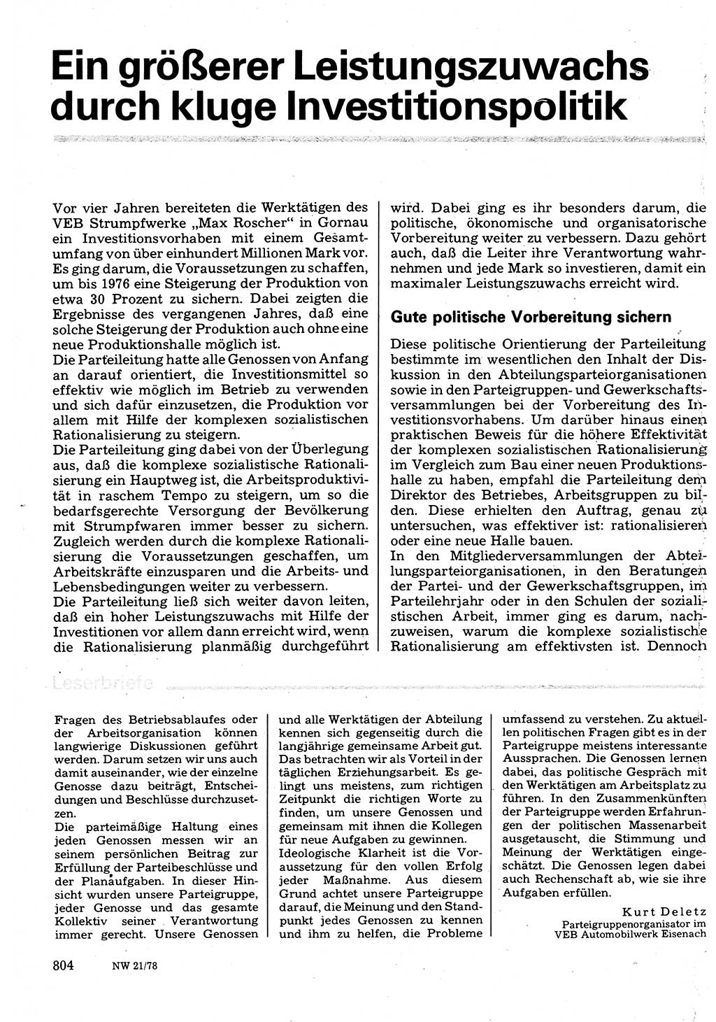 Neuer Weg (NW), Organ des Zentralkomitees (ZK) der SED (Sozialistische Einheitspartei Deutschlands) für Fragen des Parteilebens, 33. Jahrgang [Deutsche Demokratische Republik (DDR)] 1978, Seite 804 (NW ZK SED DDR 1978, S. 804)