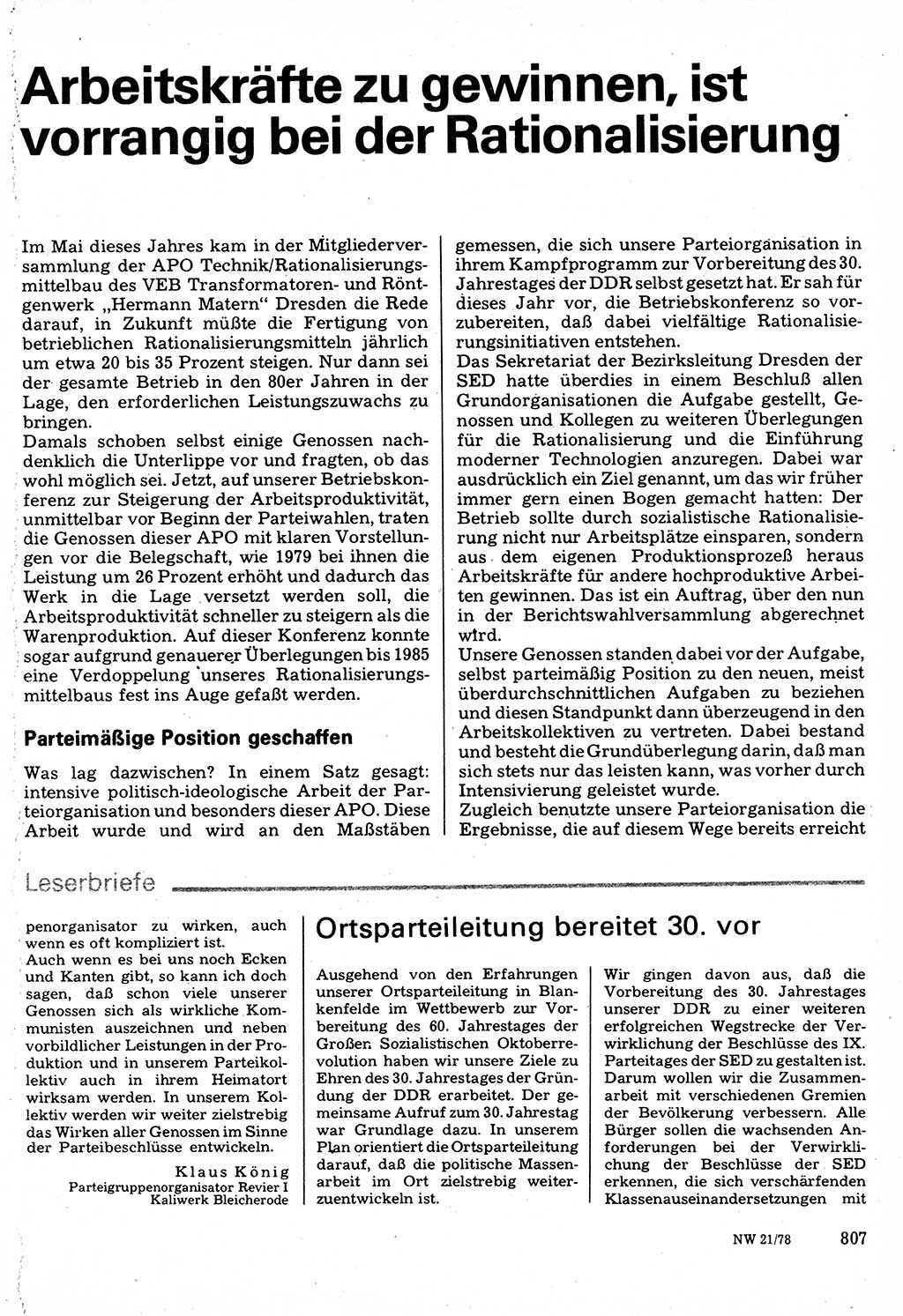 Neuer Weg (NW), Organ des Zentralkomitees (ZK) der SED (Sozialistische Einheitspartei Deutschlands) für Fragen des Parteilebens, 33. Jahrgang [Deutsche Demokratische Republik (DDR)] 1978, Seite 807 (NW ZK SED DDR 1978, S. 807)