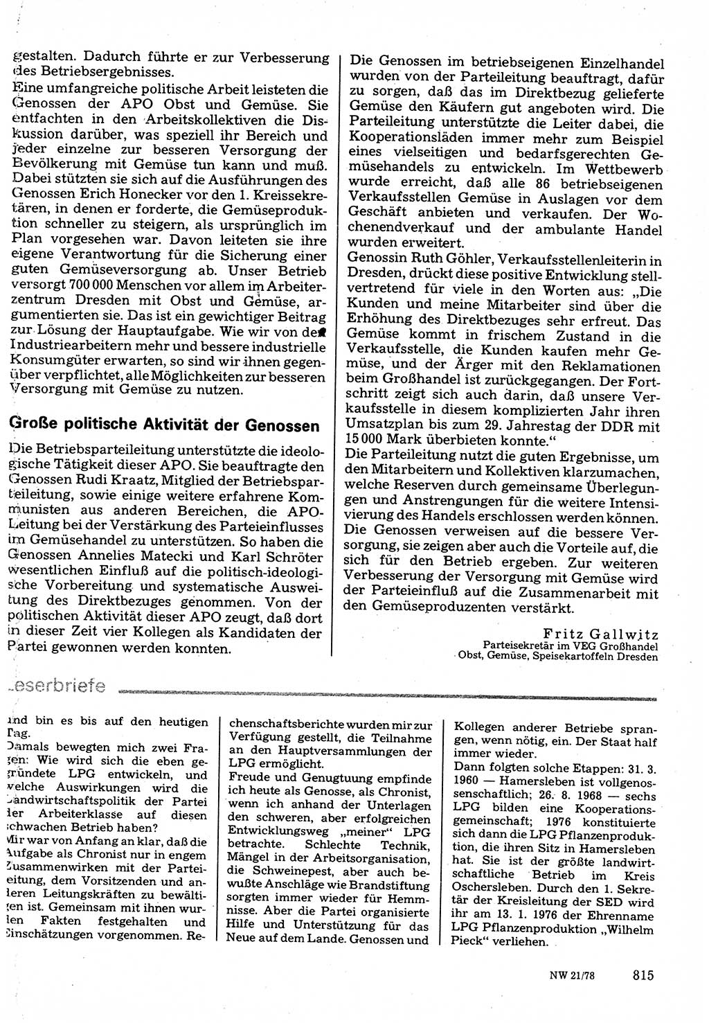 Neuer Weg (NW), Organ des Zentralkomitees (ZK) der SED (Sozialistische Einheitspartei Deutschlands) für Fragen des Parteilebens, 33. Jahrgang [Deutsche Demokratische Republik (DDR)] 1978, Seite 815 (NW ZK SED DDR 1978, S. 815)