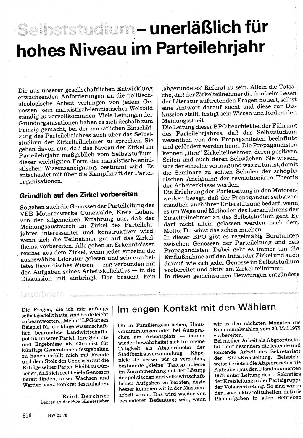 Neuer Weg (NW), Organ des Zentralkomitees (ZK) der SED (Sozialistische Einheitspartei Deutschlands) für Fragen des Parteilebens, 33. Jahrgang [Deutsche Demokratische Republik (DDR)] 1978, Seite 816 (NW ZK SED DDR 1978, S. 816)
