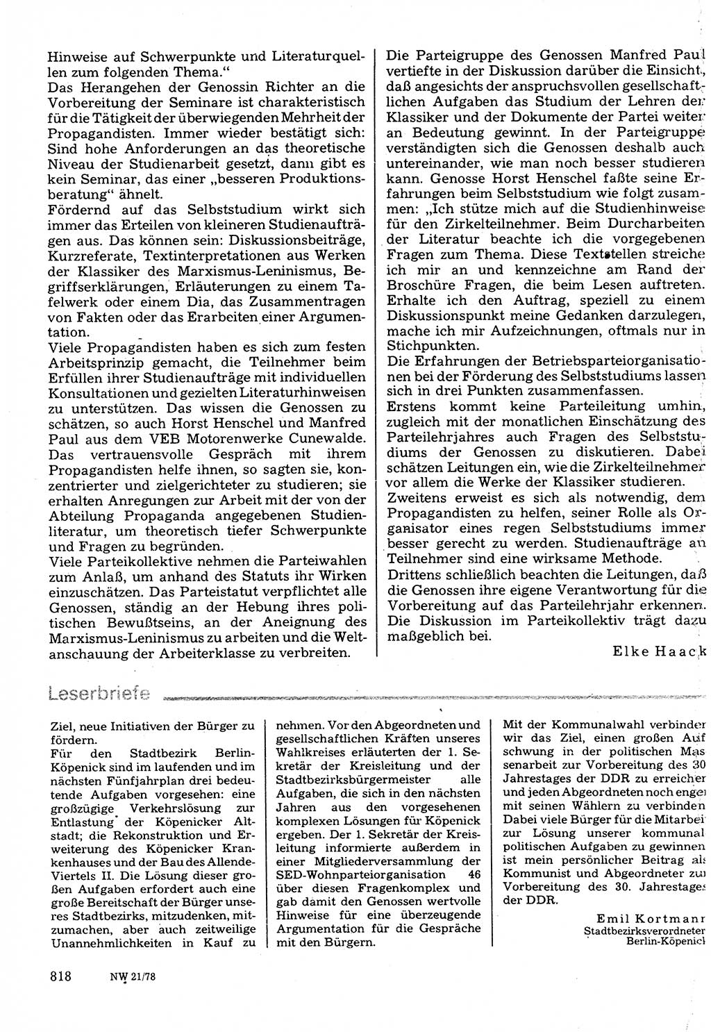 Neuer Weg (NW), Organ des Zentralkomitees (ZK) der SED (Sozialistische Einheitspartei Deutschlands) für Fragen des Parteilebens, 33. Jahrgang [Deutsche Demokratische Republik (DDR)] 1978, Seite 818 (NW ZK SED DDR 1978, S. 818)