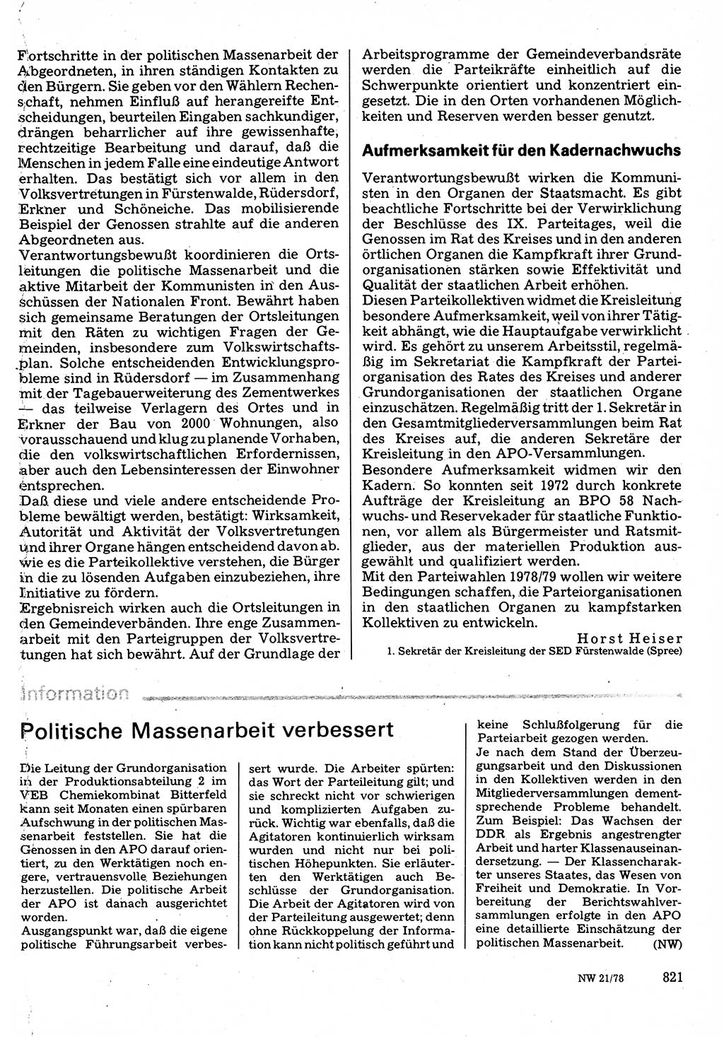 Neuer Weg (NW), Organ des Zentralkomitees (ZK) der SED (Sozialistische Einheitspartei Deutschlands) für Fragen des Parteilebens, 33. Jahrgang [Deutsche Demokratische Republik (DDR)] 1978, Seite 821 (NW ZK SED DDR 1978, S. 821)