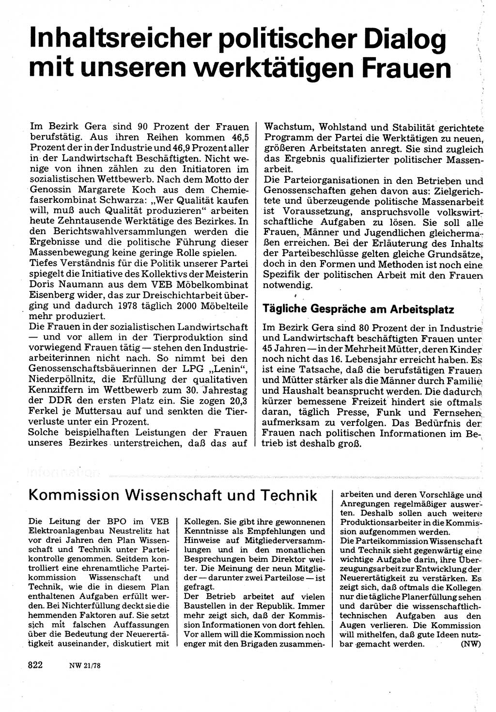 Neuer Weg (NW), Organ des Zentralkomitees (ZK) der SED (Sozialistische Einheitspartei Deutschlands) für Fragen des Parteilebens, 33. Jahrgang [Deutsche Demokratische Republik (DDR)] 1978, Seite 822 (NW ZK SED DDR 1978, S. 822)