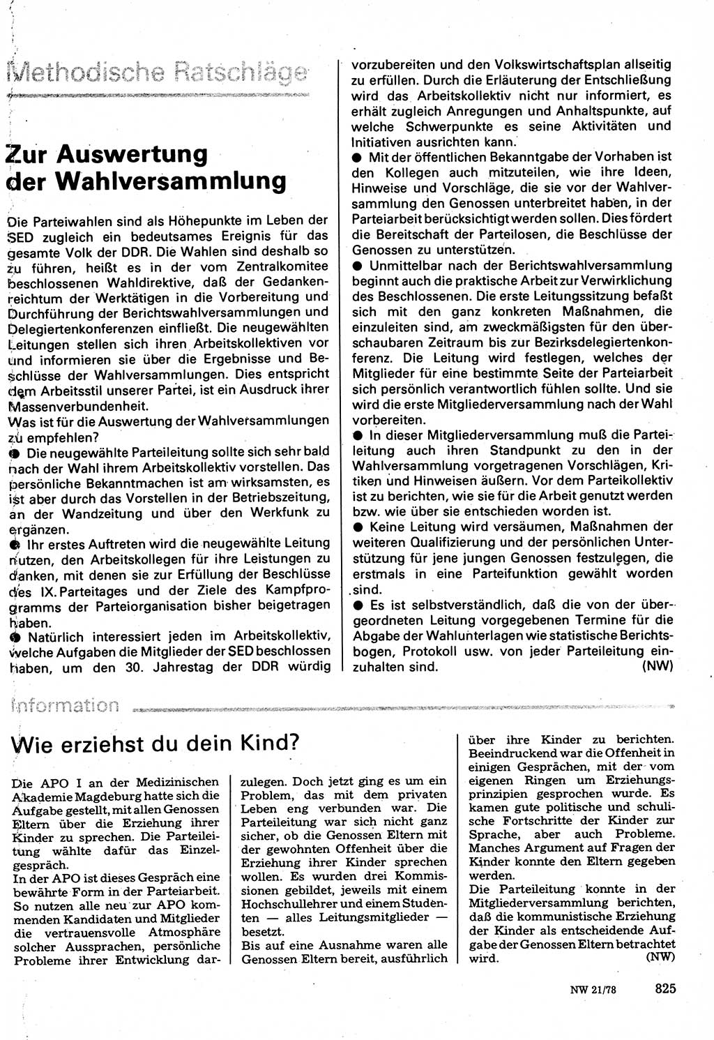 Neuer Weg (NW), Organ des Zentralkomitees (ZK) der SED (Sozialistische Einheitspartei Deutschlands) für Fragen des Parteilebens, 33. Jahrgang [Deutsche Demokratische Republik (DDR)] 1978, Seite 825 (NW ZK SED DDR 1978, S. 825)