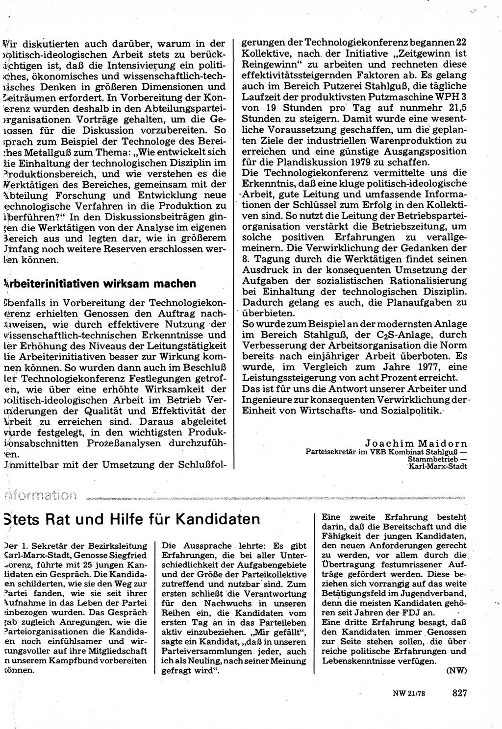Neuer Weg (NW), Organ des Zentralkomitees (ZK) der SED (Sozialistische Einheitspartei Deutschlands) für Fragen des Parteilebens, 33. Jahrgang [Deutsche Demokratische Republik (DDR)] 1978, Seite 827 (NW ZK SED DDR 1978, S. 827)