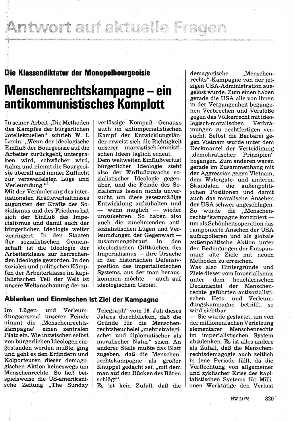 Neuer Weg (NW), Organ des Zentralkomitees (ZK) der SED (Sozialistische Einheitspartei Deutschlands) für Fragen des Parteilebens, 33. Jahrgang [Deutsche Demokratische Republik (DDR)] 1978, Seite 829 (NW ZK SED DDR 1978, S. 829)