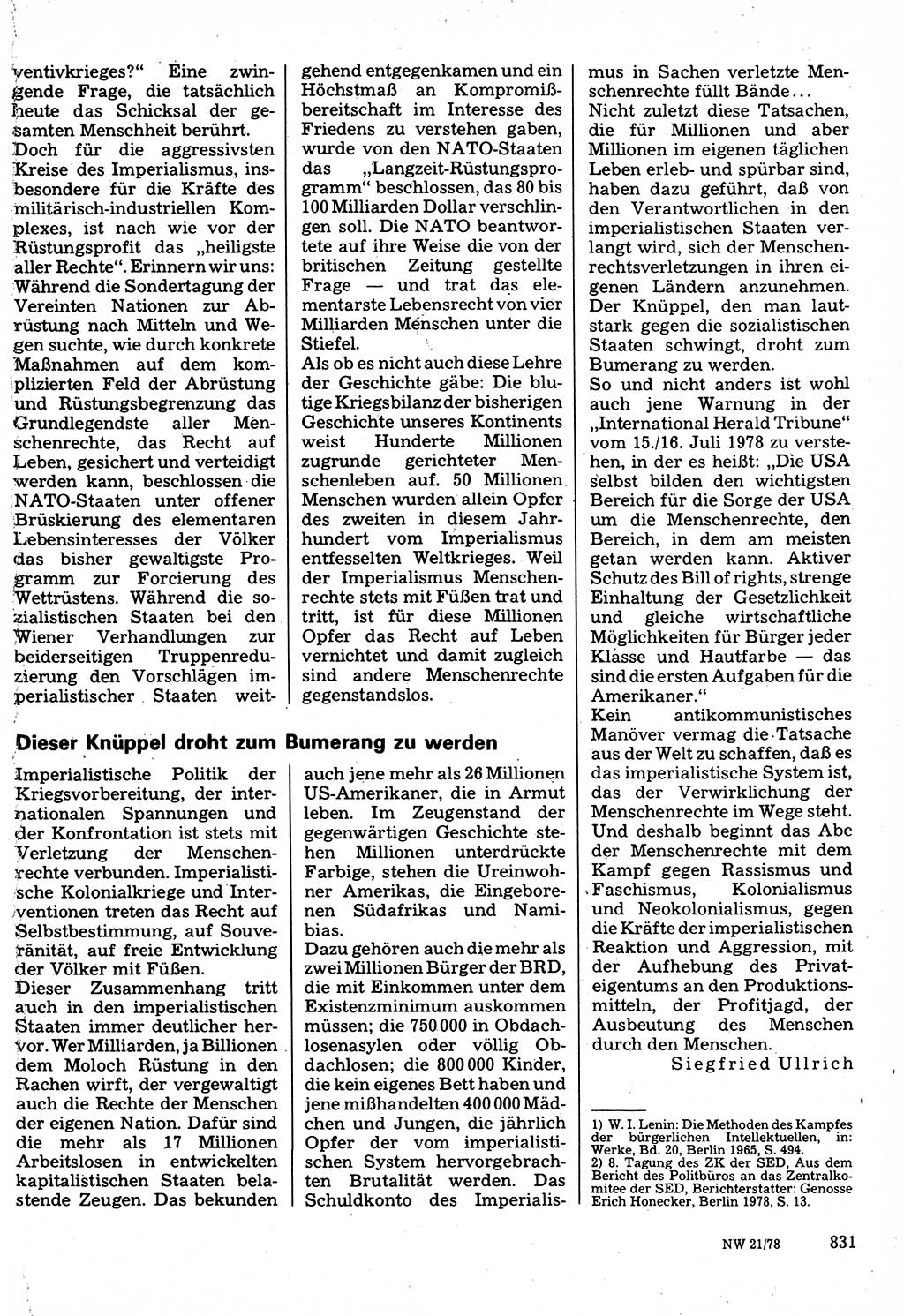 Neuer Weg (NW), Organ des Zentralkomitees (ZK) der SED (Sozialistische Einheitspartei Deutschlands) für Fragen des Parteilebens, 33. Jahrgang [Deutsche Demokratische Republik (DDR)] 1978, Seite 831 (NW ZK SED DDR 1978, S. 831)