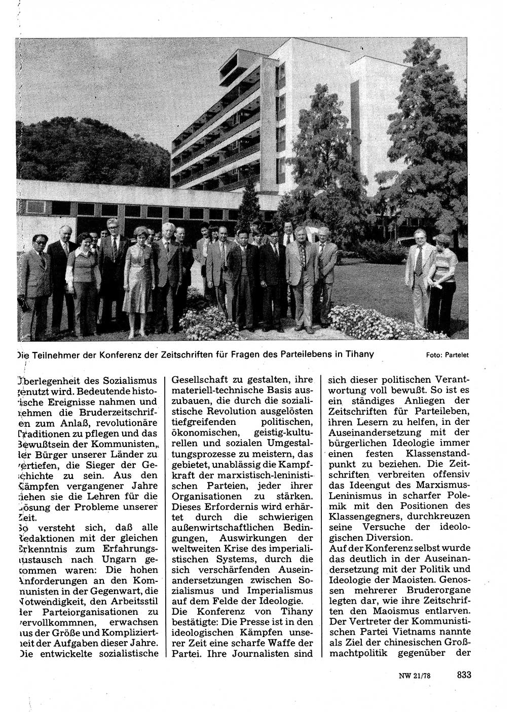 Neuer Weg (NW), Organ des Zentralkomitees (ZK) der SED (Sozialistische Einheitspartei Deutschlands) für Fragen des Parteilebens, 33. Jahrgang [Deutsche Demokratische Republik (DDR)] 1978, Seite 833 (NW ZK SED DDR 1978, S. 833)
