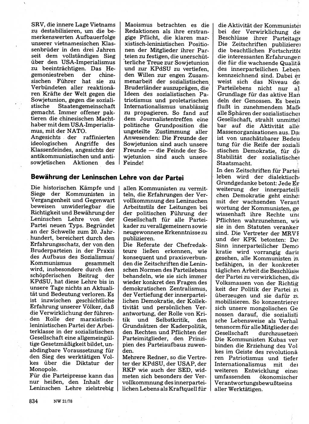 Neuer Weg (NW), Organ des Zentralkomitees (ZK) der SED (Sozialistische Einheitspartei Deutschlands) für Fragen des Parteilebens, 33. Jahrgang [Deutsche Demokratische Republik (DDR)] 1978, Seite 834 (NW ZK SED DDR 1978, S. 834)