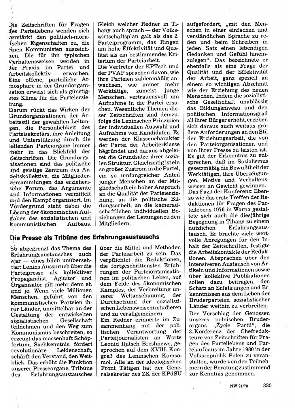 Neuer Weg (NW), Organ des Zentralkomitees (ZK) der SED (Sozialistische Einheitspartei Deutschlands) für Fragen des Parteilebens, 33. Jahrgang [Deutsche Demokratische Republik (DDR)] 1978, Seite 835 (NW ZK SED DDR 1978, S. 835)