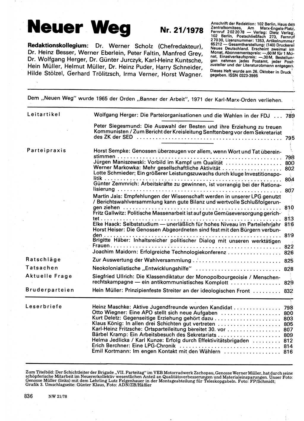 Neuer Weg (NW), Organ des Zentralkomitees (ZK) der SED (Sozialistische Einheitspartei Deutschlands) für Fragen des Parteilebens, 33. Jahrgang [Deutsche Demokratische Republik (DDR)] 1978, Seite 836 (NW ZK SED DDR 1978, S. 836)